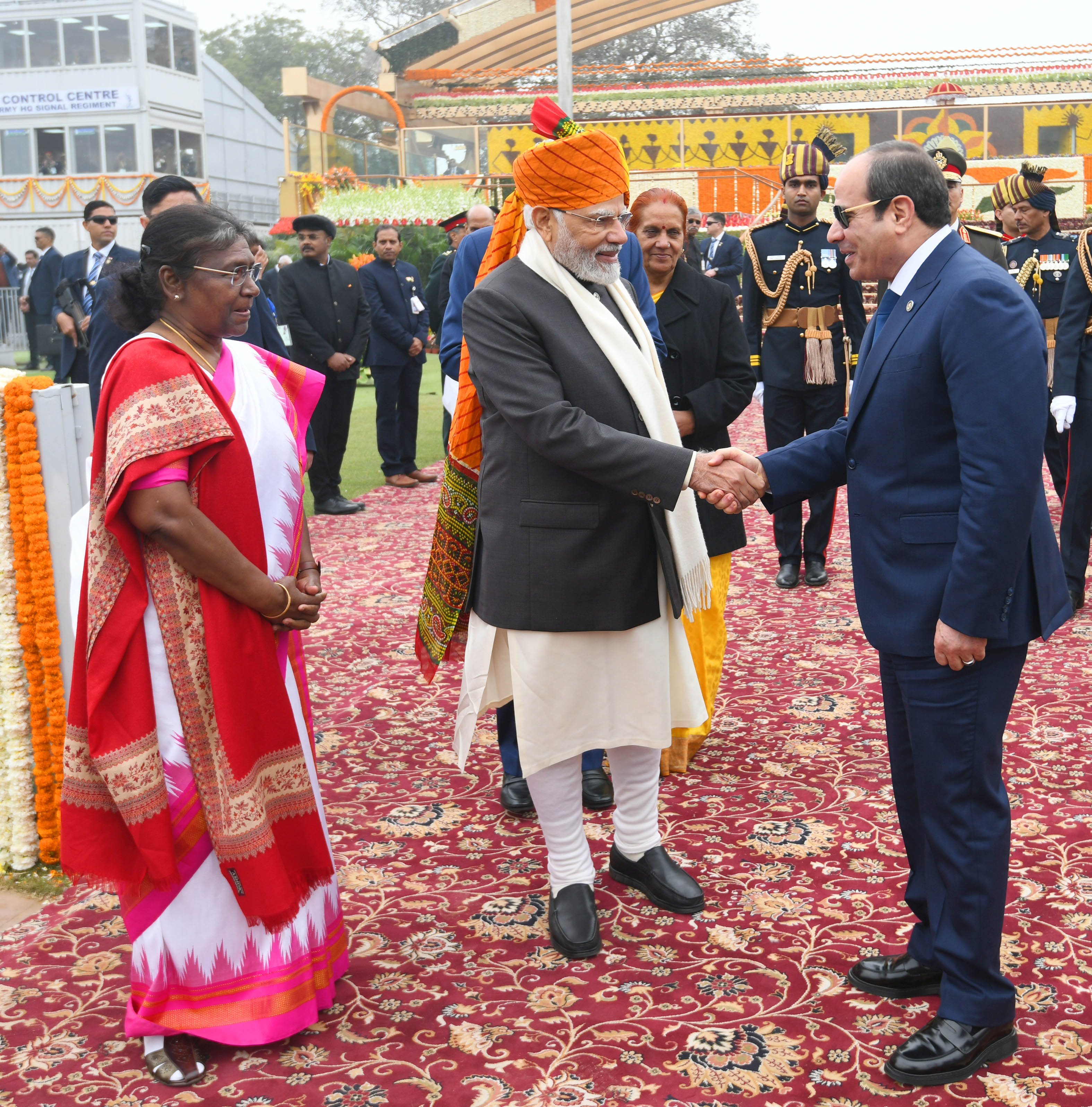 Archive photograph: Modi welcomes Egyptian President Abdel Fattah el-Sisi beside President Droupadi Murmu at the Republic Day celebrations, Kartavya Path, 26 January 2023.