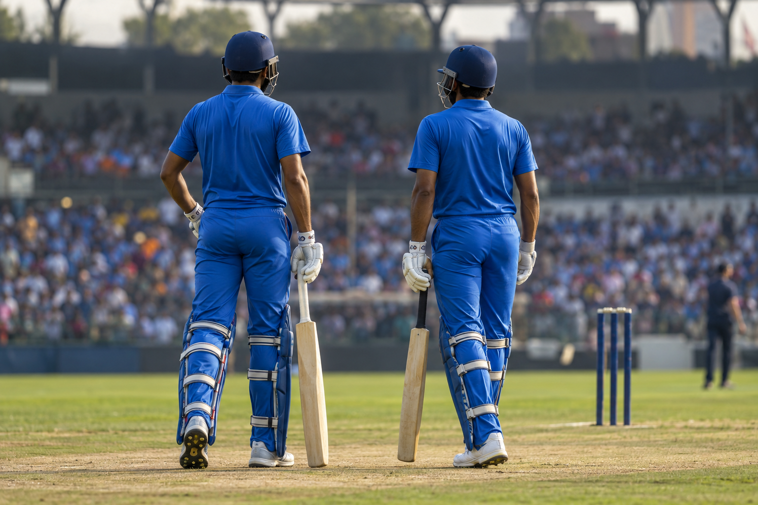 Illustration of two cricketers in blue on a ground, representing India's Indore triumph