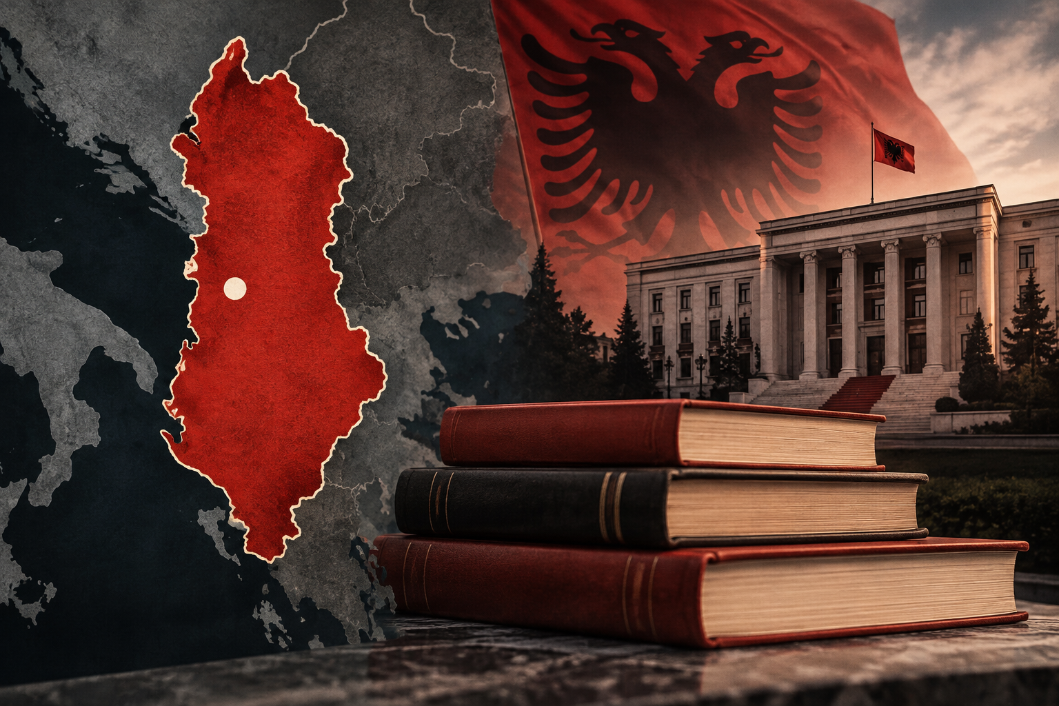 Editorial illustration linking Albania protests with education costs and parliamentary disruption.