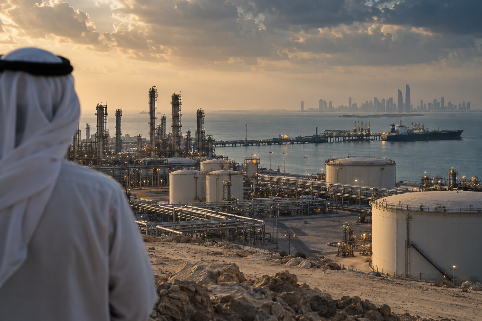 Contextual illustration of Gulf oil infrastructure accompanying the reported Aramco strike