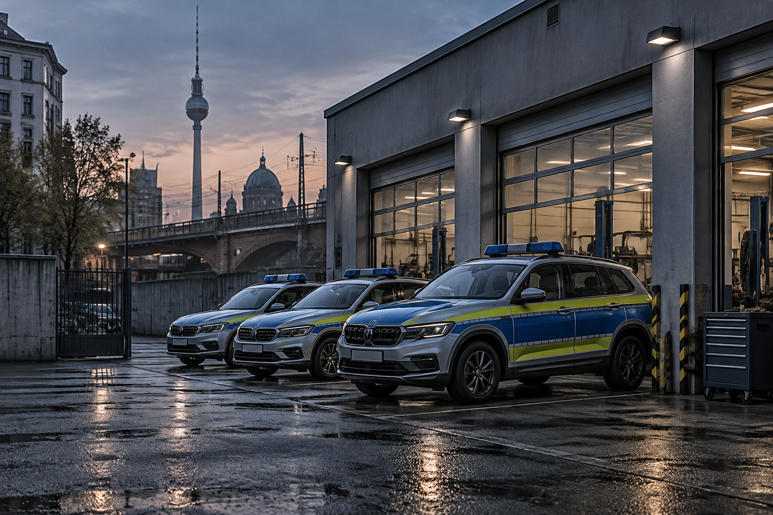 Conceptual illustration of police vehicles in a garage, contextualising the Berlin deportations report