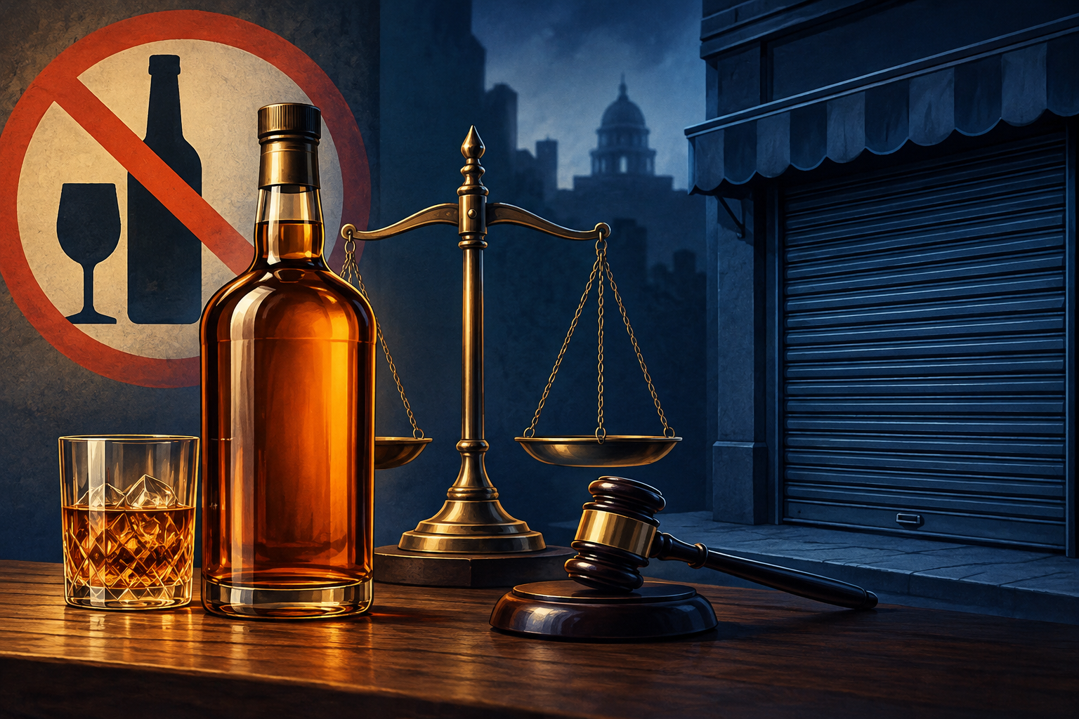 Editorial illustration of Bihar prohibition, showing a sealed bottle and scales of justice