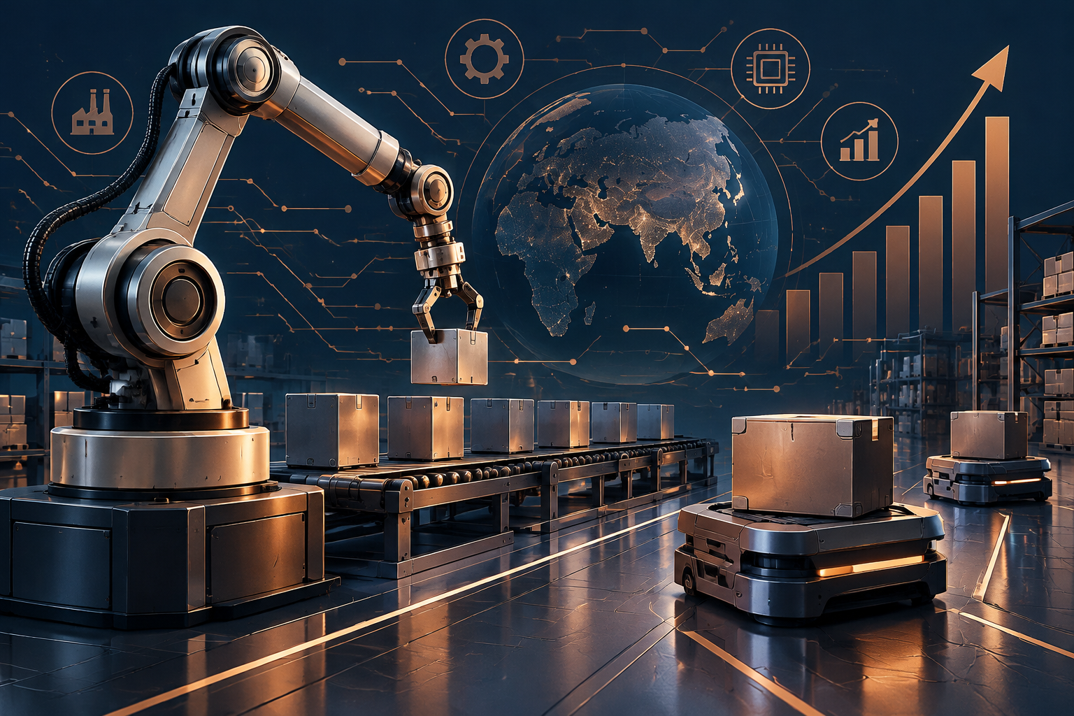 Editorial illustration of industrial automation representing BlackRock's robotics ETF investment theme