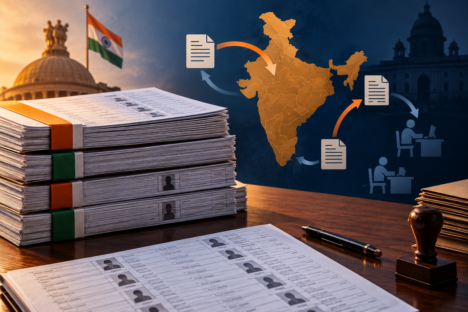 Illustration of electoral registers and India’s map representing Chief Election Officers and election administration.