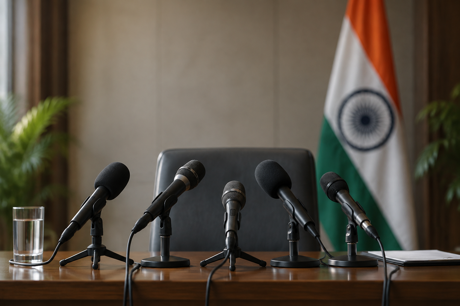 Illustrative press briefing table with microphones and an Indian flag for the CJP leaders’ release story