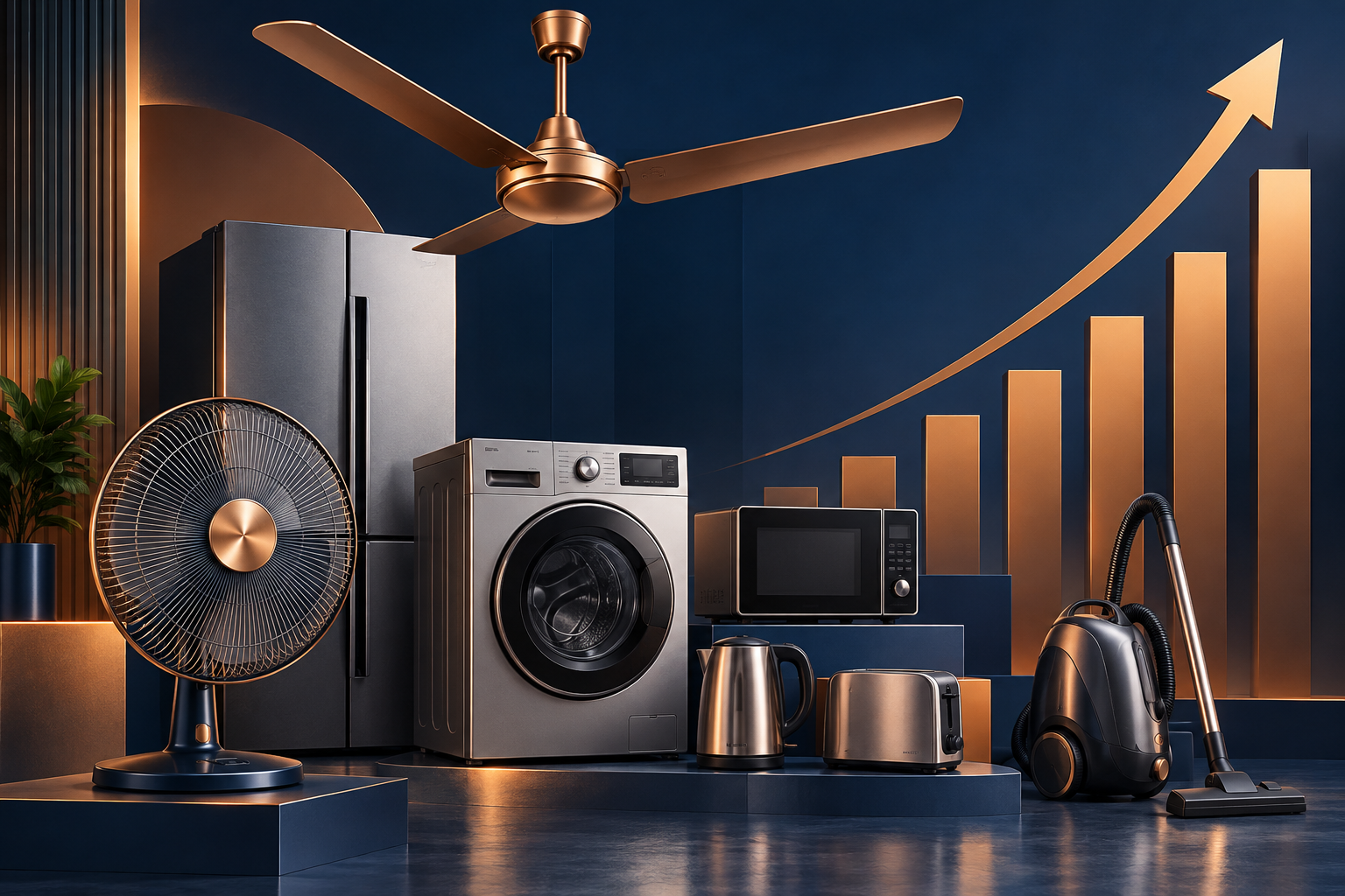 Editorial illustration of fans and appliances accompanying Crompton Greaves Q2 results.