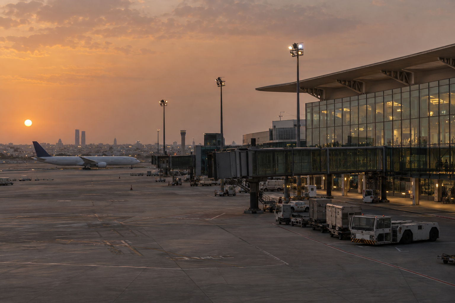 Editorial illustration of a Saudi airport apron accompanying the Dammam airport attack report