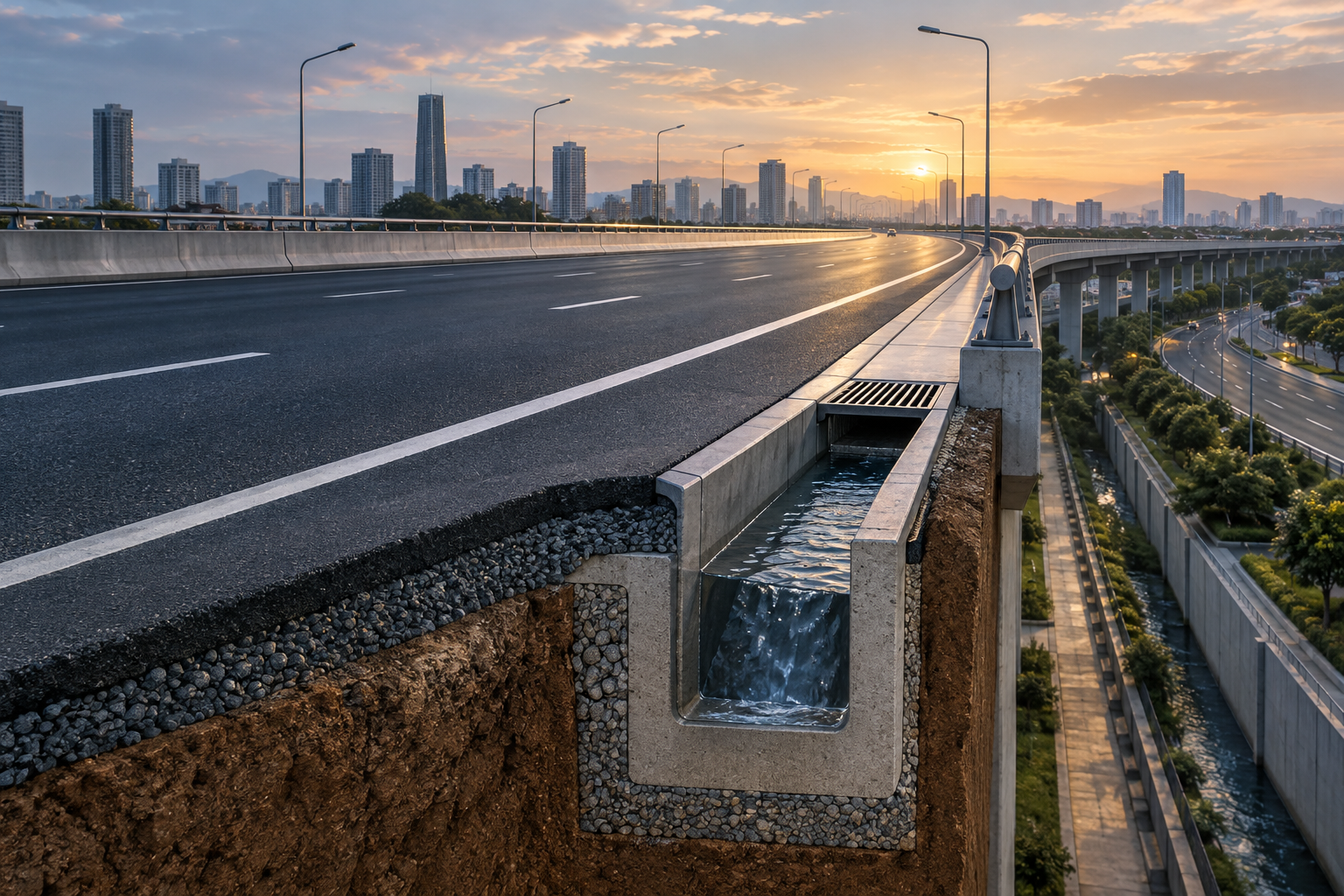 Editorial illustration of expressway infrastructure and roadside drainage accompanying the Delhi-Mumbai Expressway crash report.