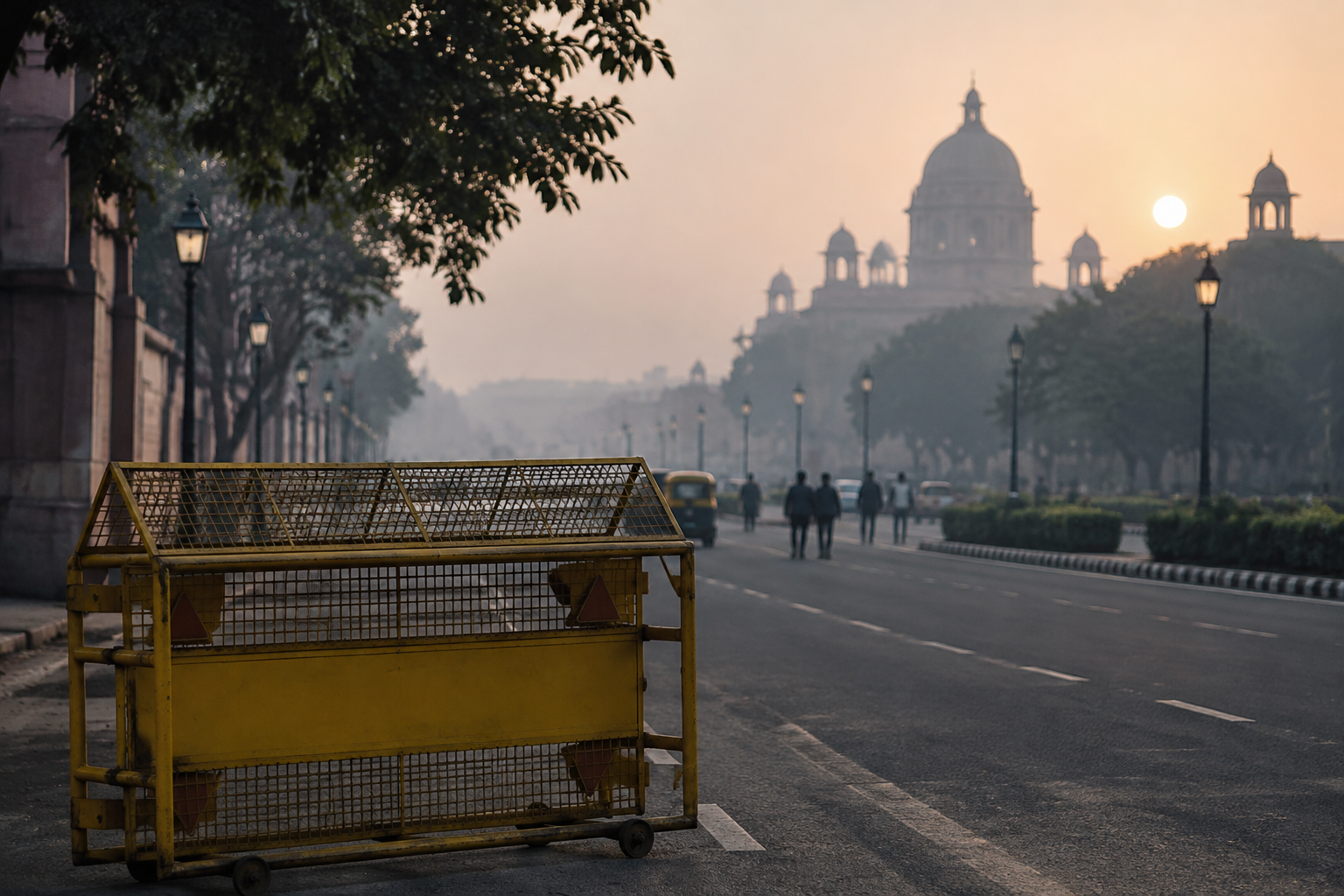 Conceptual illustration of a street barricade representing the Delhi protest policing report