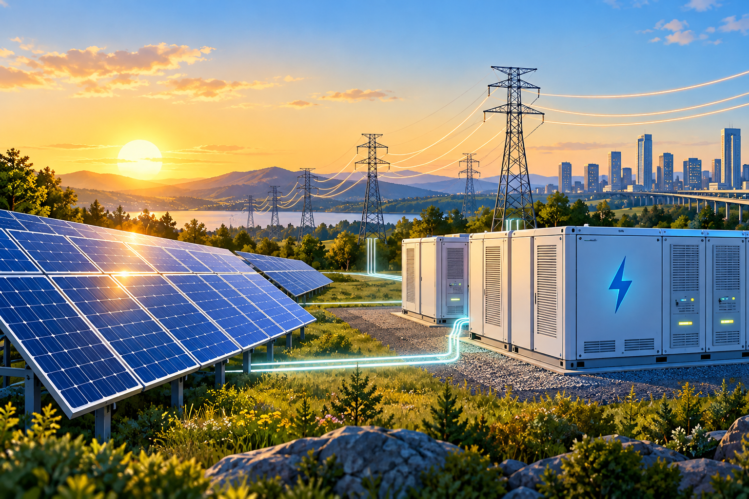 Illustration of solar generation, batteries and grid connections explaining Engie's India investment focus