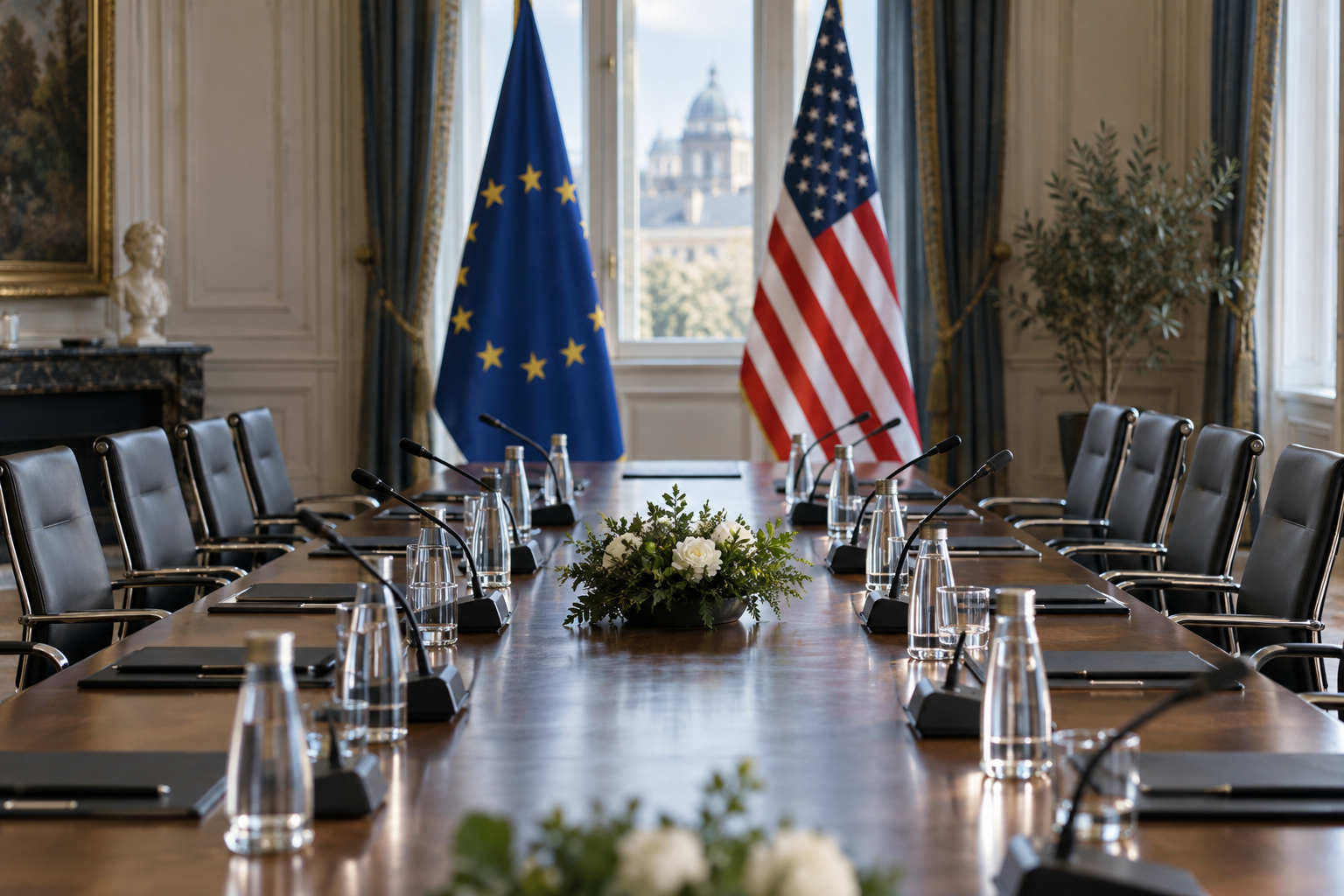 Conceptual conference-room illustration of EU disinformation scrutiny, with European Union and US flags