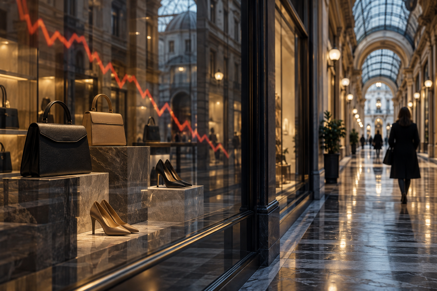 Conceptual illustration of Europe’s luxury brands facing falling market values and weaker demand