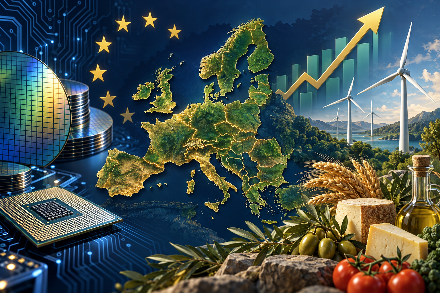 Editorial illustration of European shares supported by semiconductor, wind-energy and consumer-sector earnings