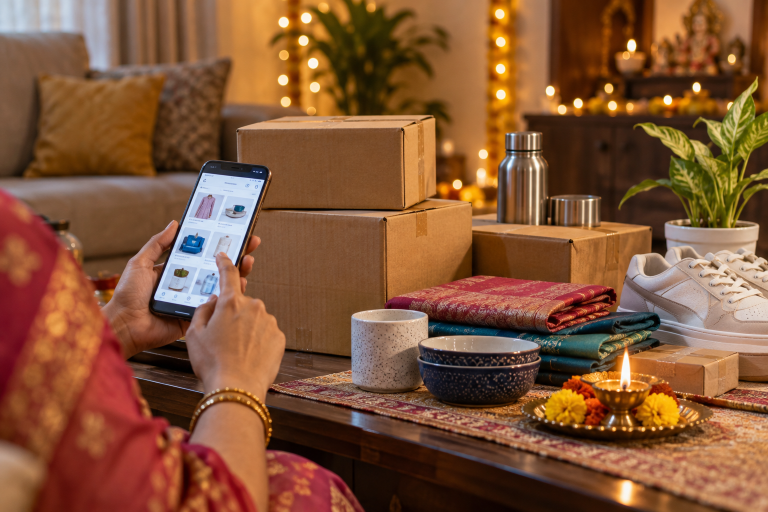 Editorial illustration of festive online sales with a smartphone and delivery boxes in an Indian home