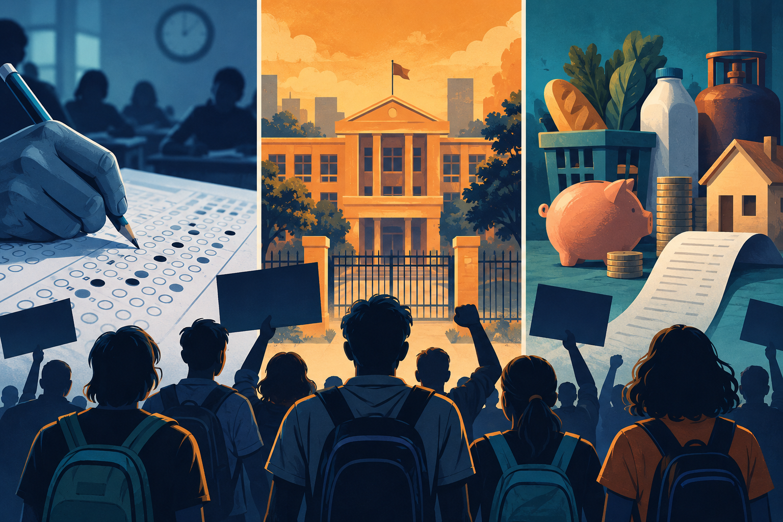 Conceptual illustration of Gen Z protests over examinations, education and living costs