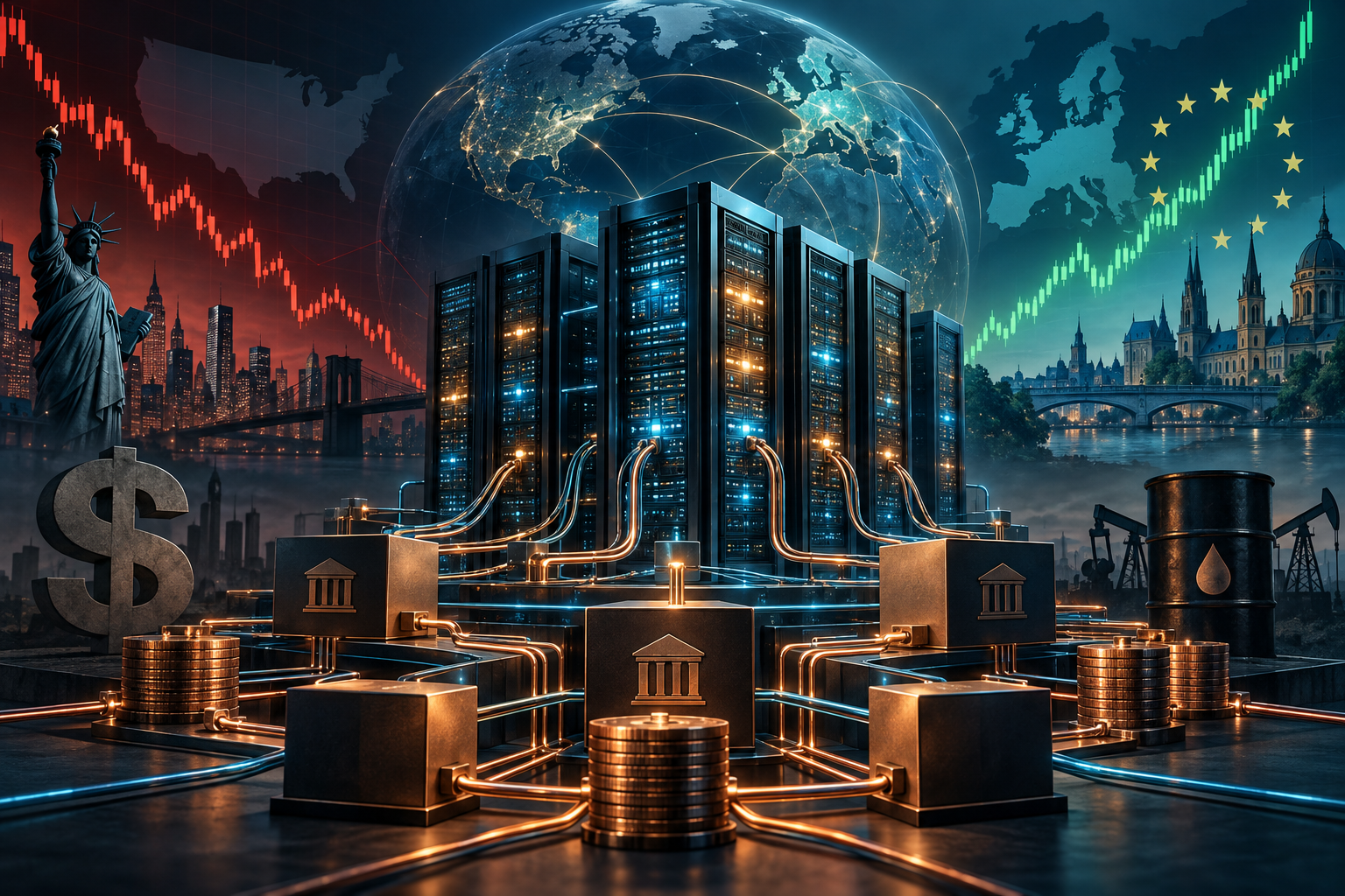 Editorial illustration of global markets, AI data-centre financing, divergent stock trends and oil prices