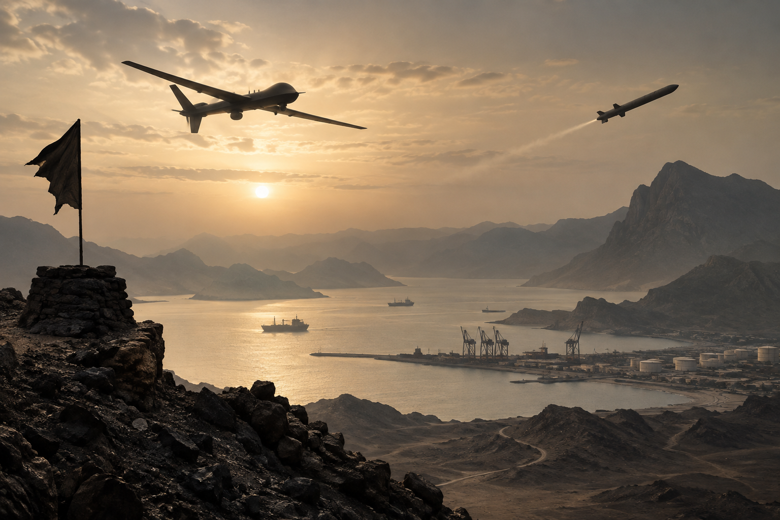 Conceptual illustration of missiles and drones representing Houthis’ asymmetric warfare capabilities.