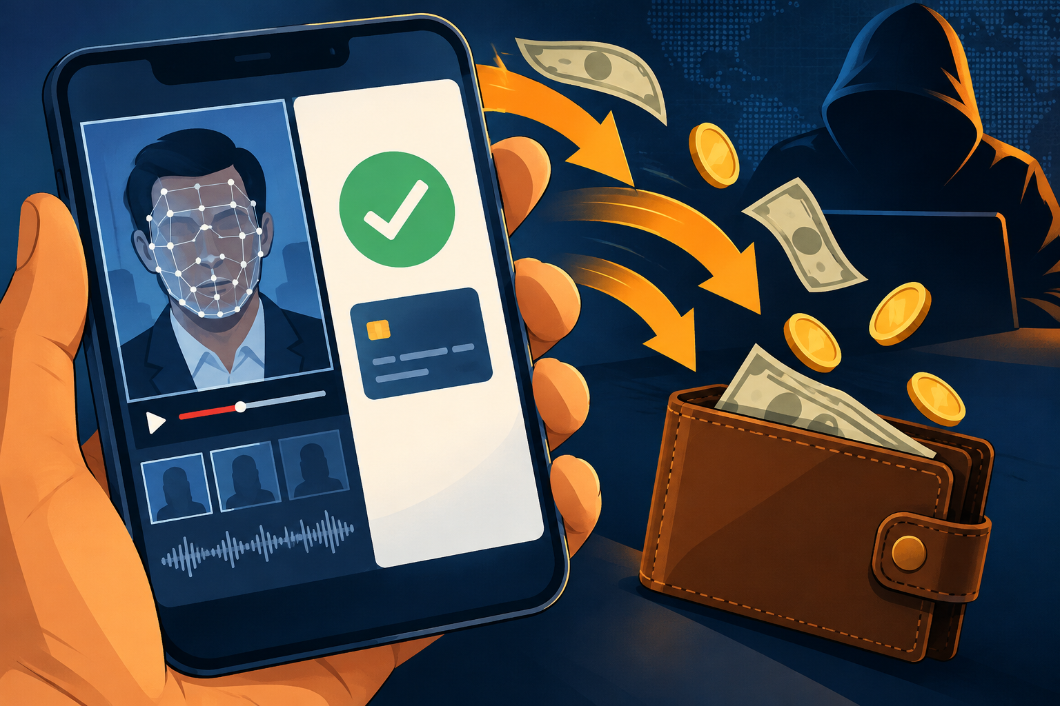Editorial illustration of deepfake welfare advertisements and a fraudulent outgoing UPI payment