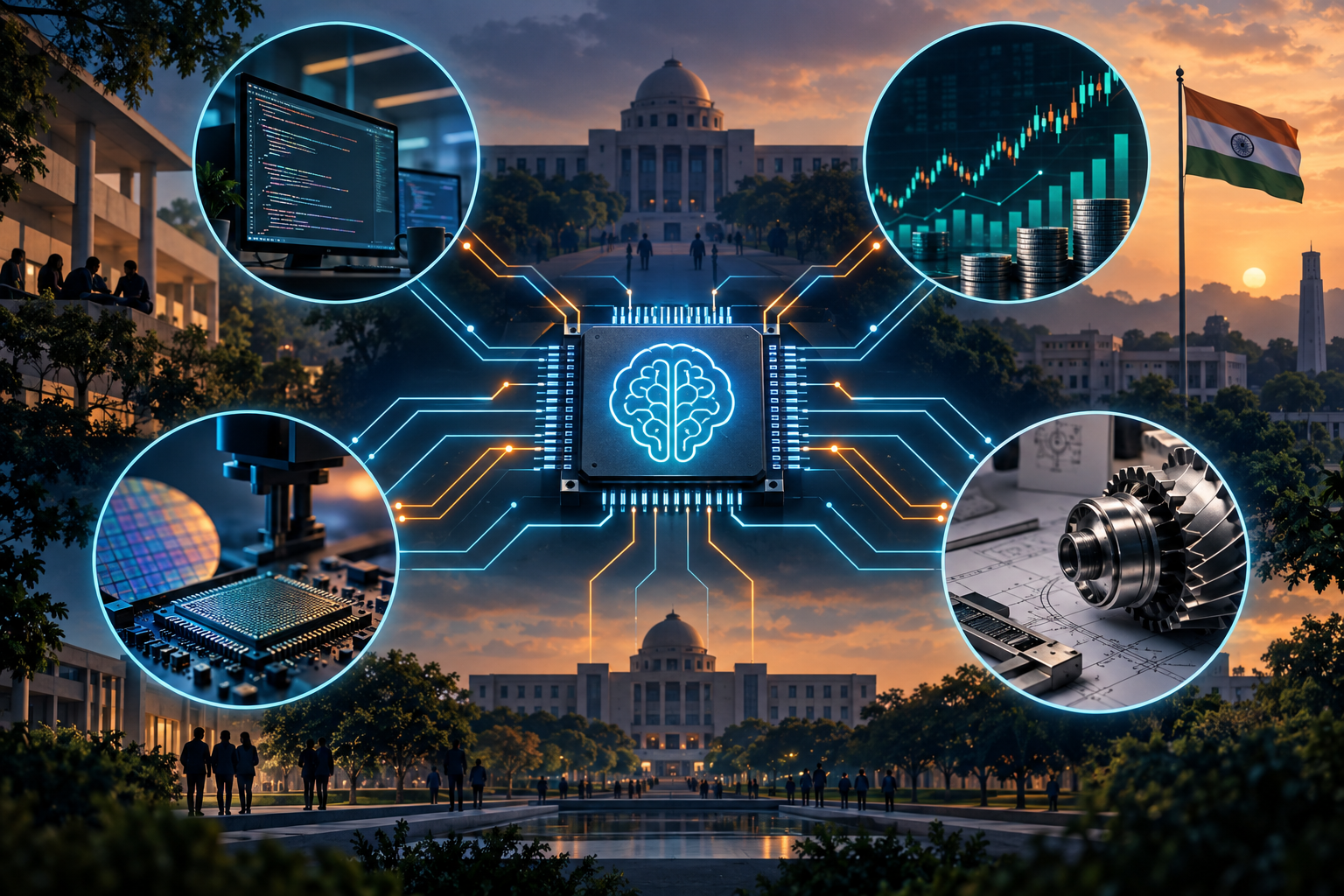Editorial illustration of AI skills connecting software, finance and engineering careers in IIT placements.