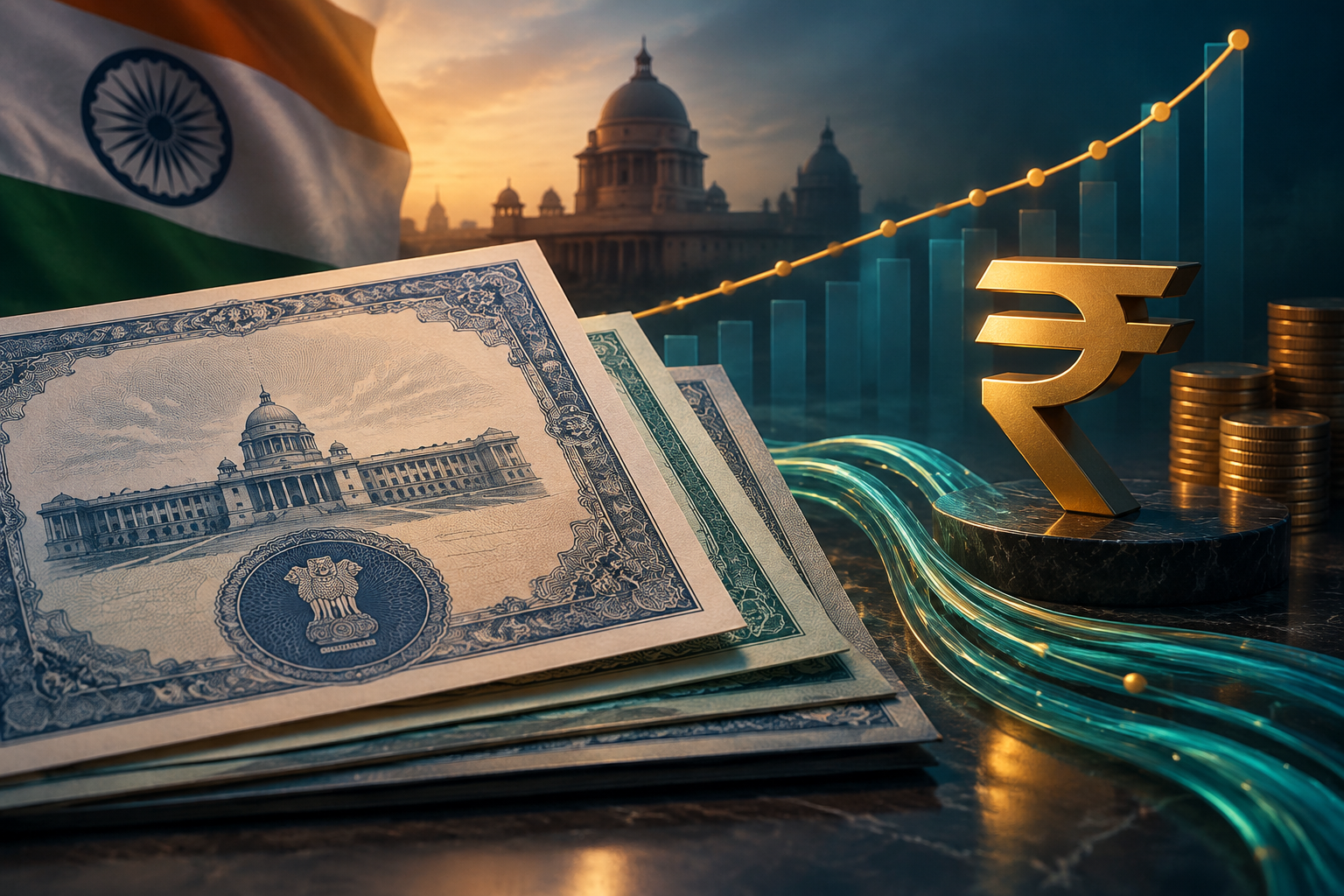 Editorial illustration of India bonds, rising yields and rupee liquidity pressures.
