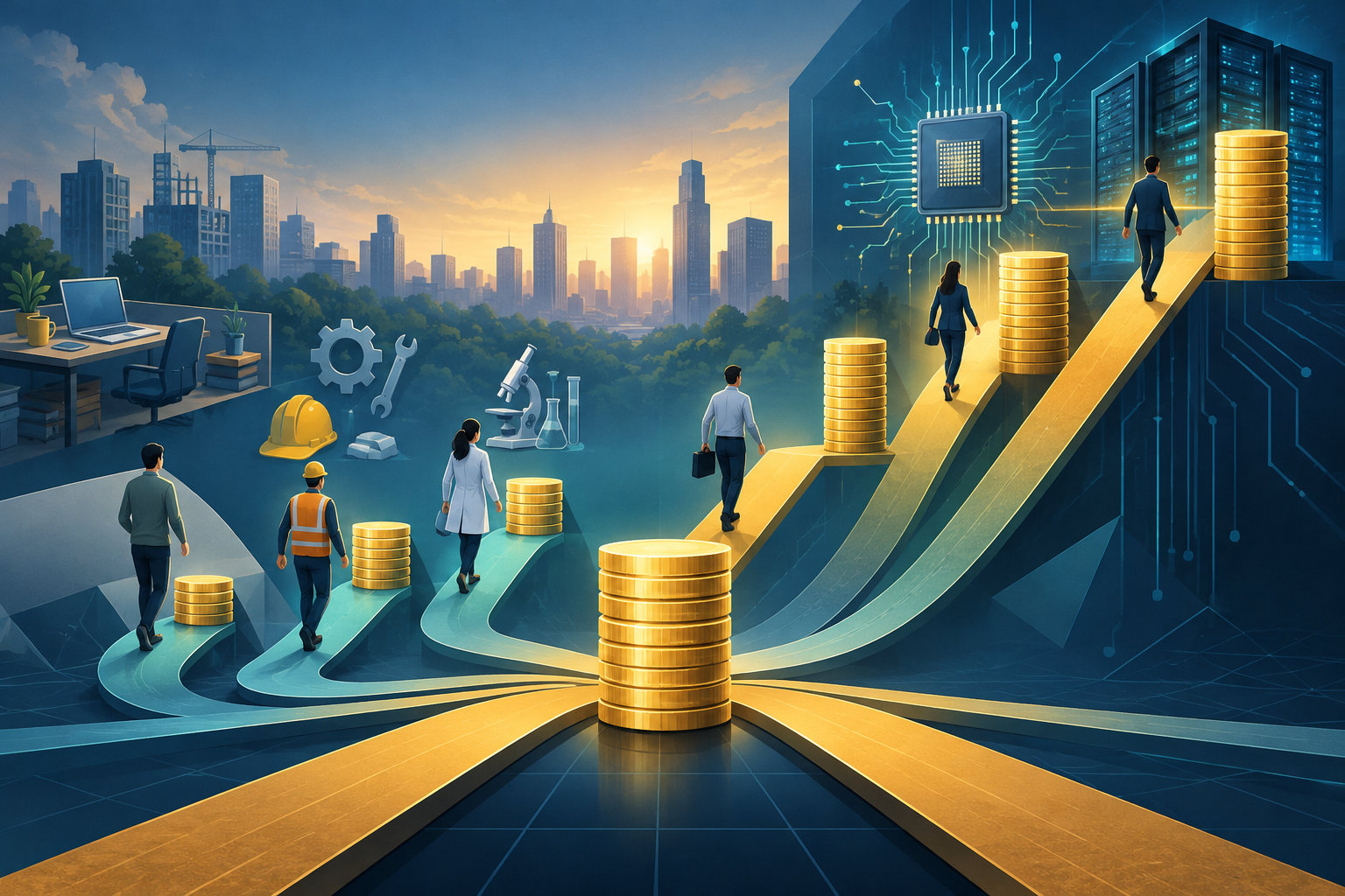 Conceptual illustration of India salary hikes diverging as specialised technology skills attract higher pay