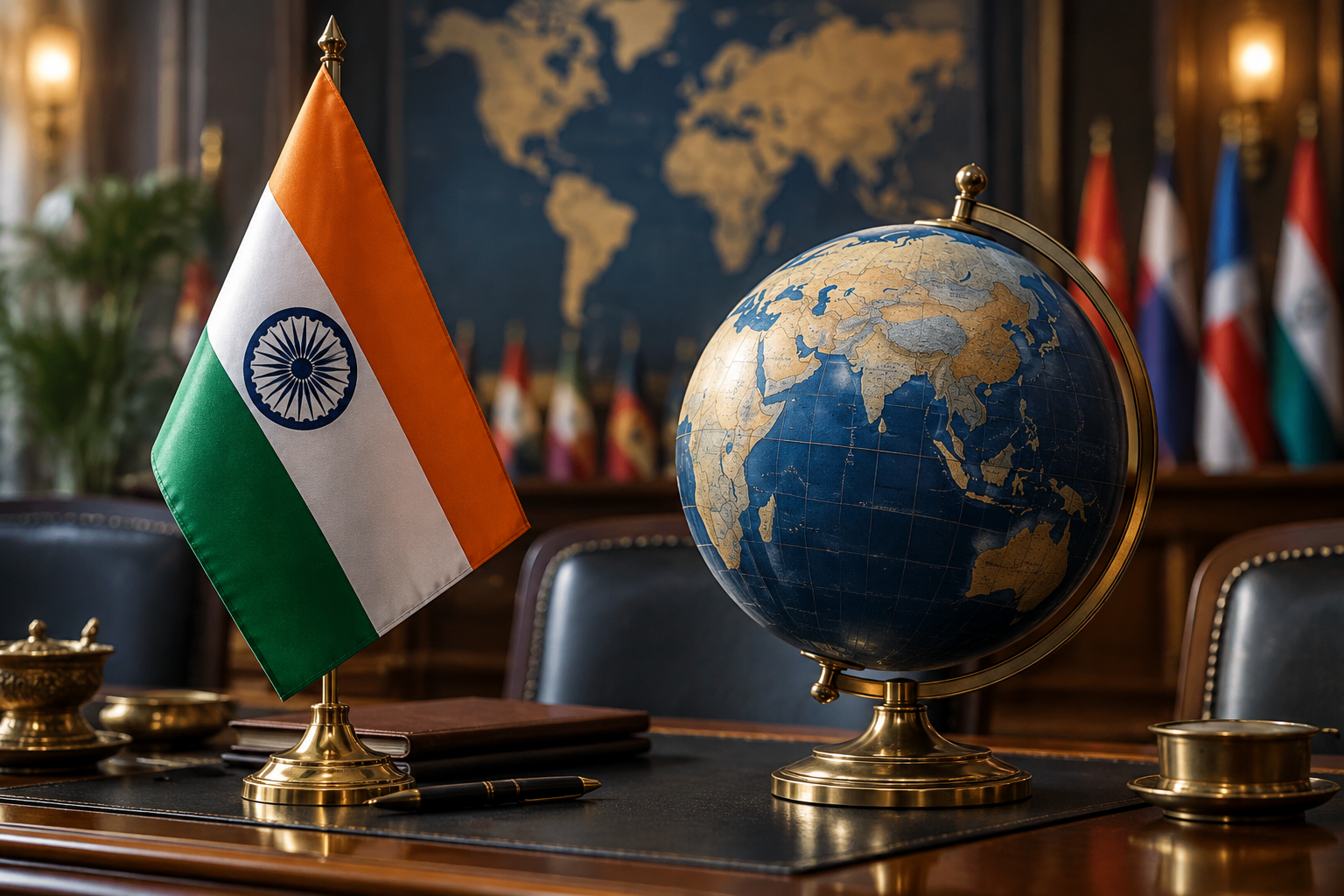 Editorial illustration of India and international dialogue accompanying the Delhi protests dispute with the UN rights office