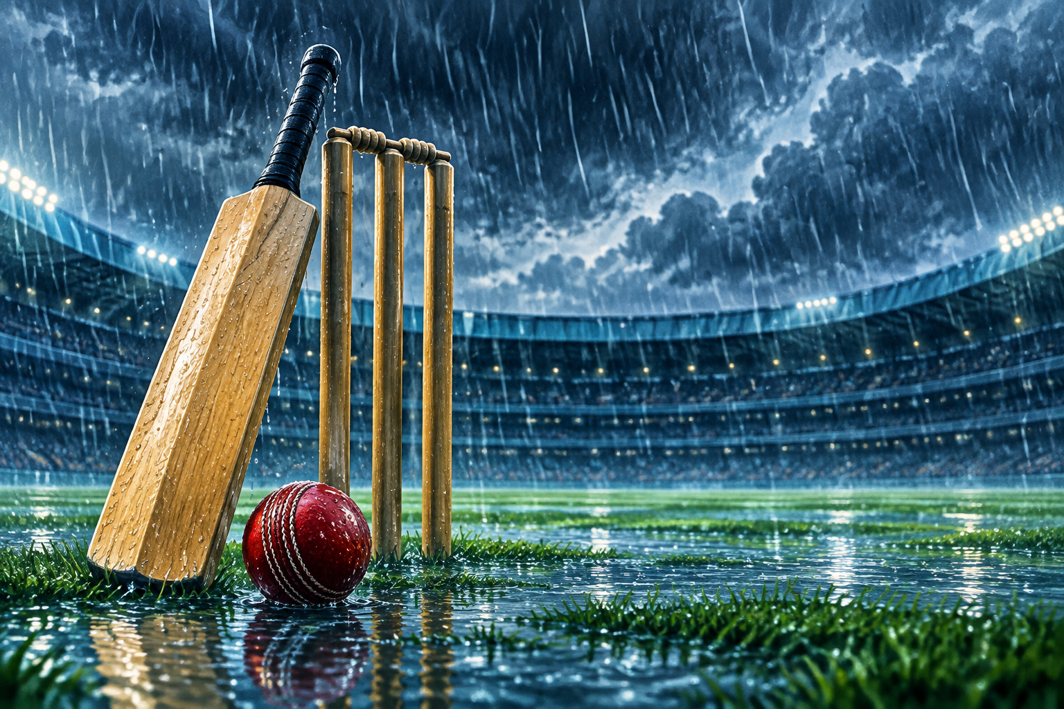 Editorial illustration of rain interrupting cricket for the India-West Indies T20 series washout