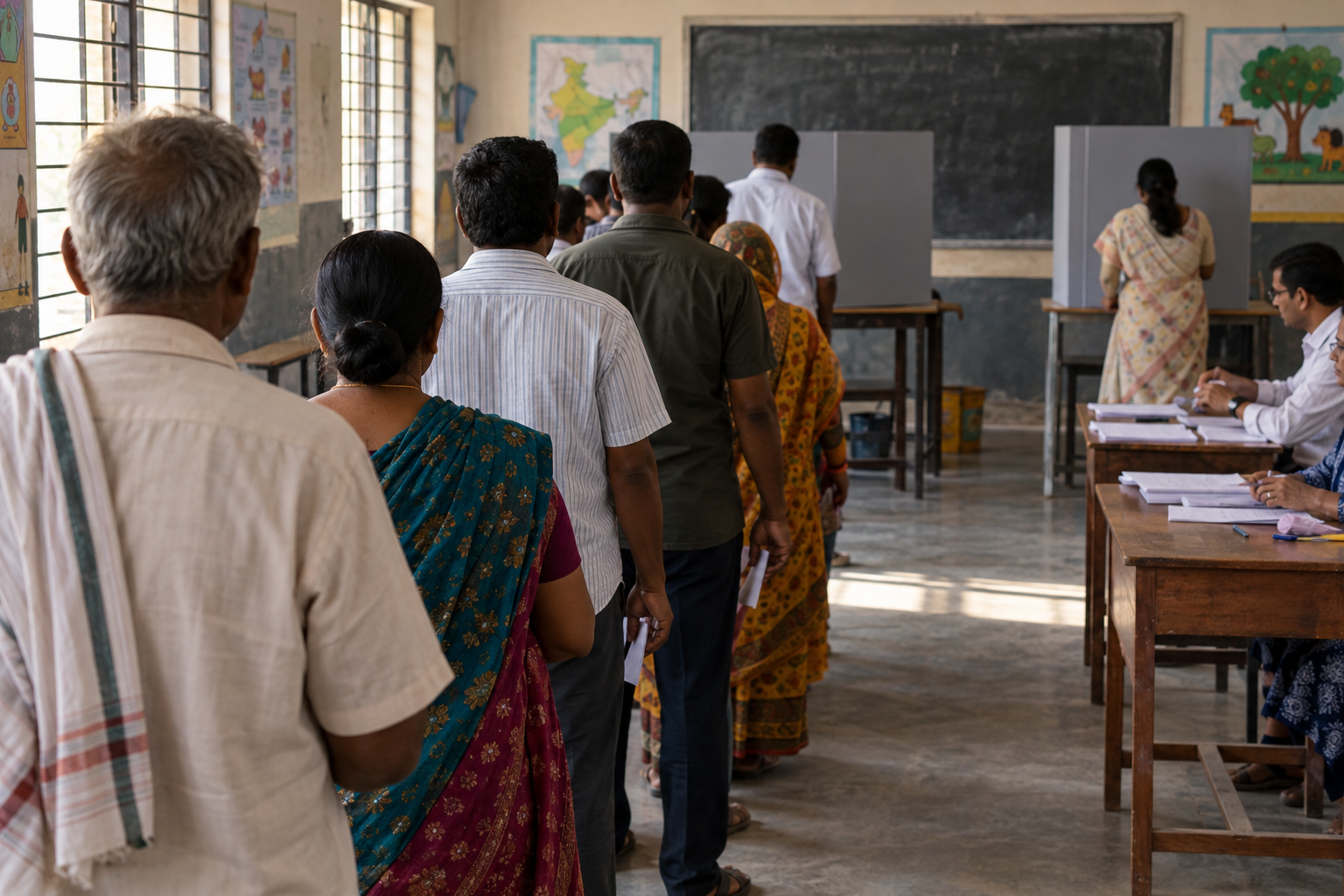 Illustration of voters waiting at a polling station during Indian elections