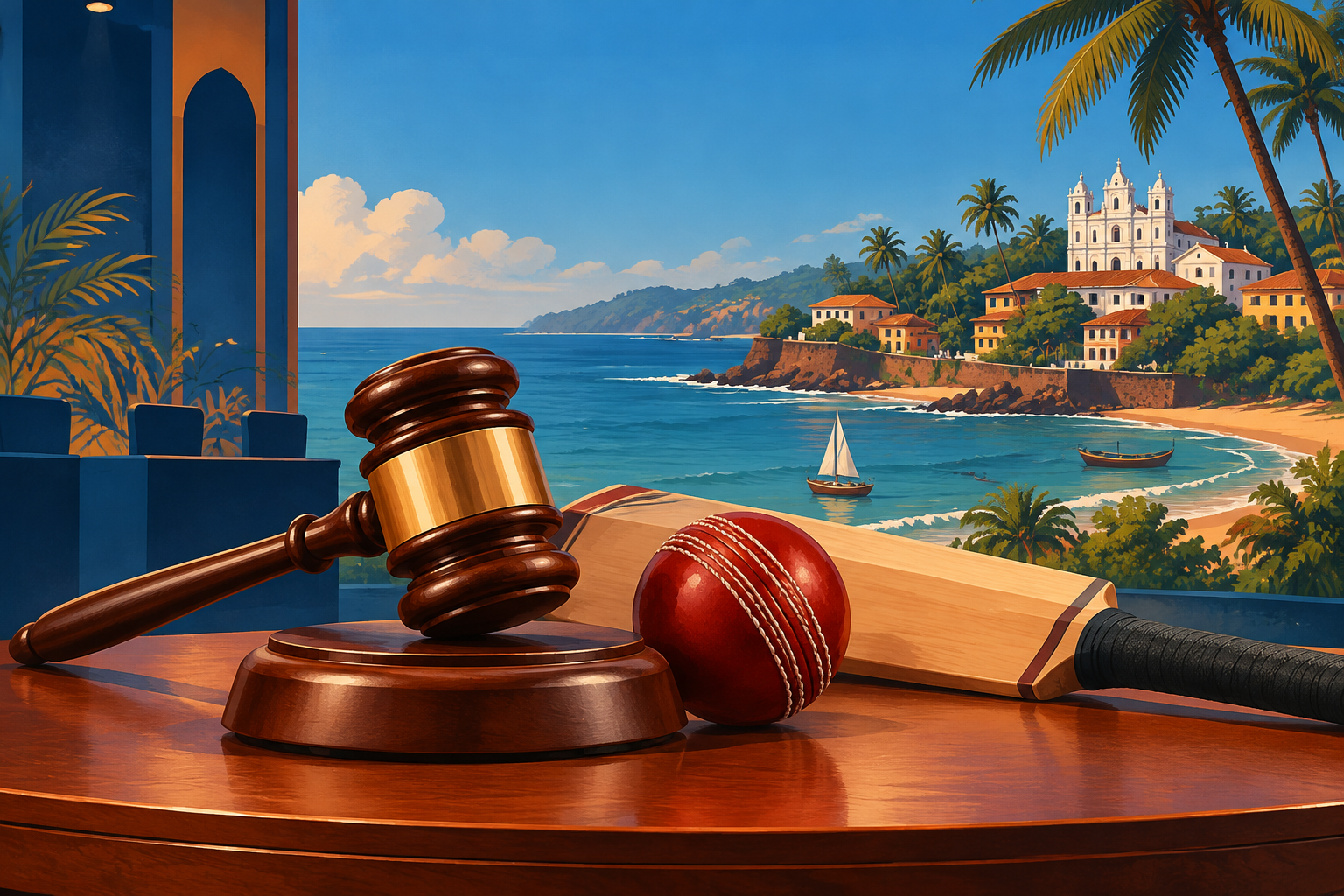 Editorial illustration of cricket equipment and an auction gavel for the IPL 2027 auction in Goa.