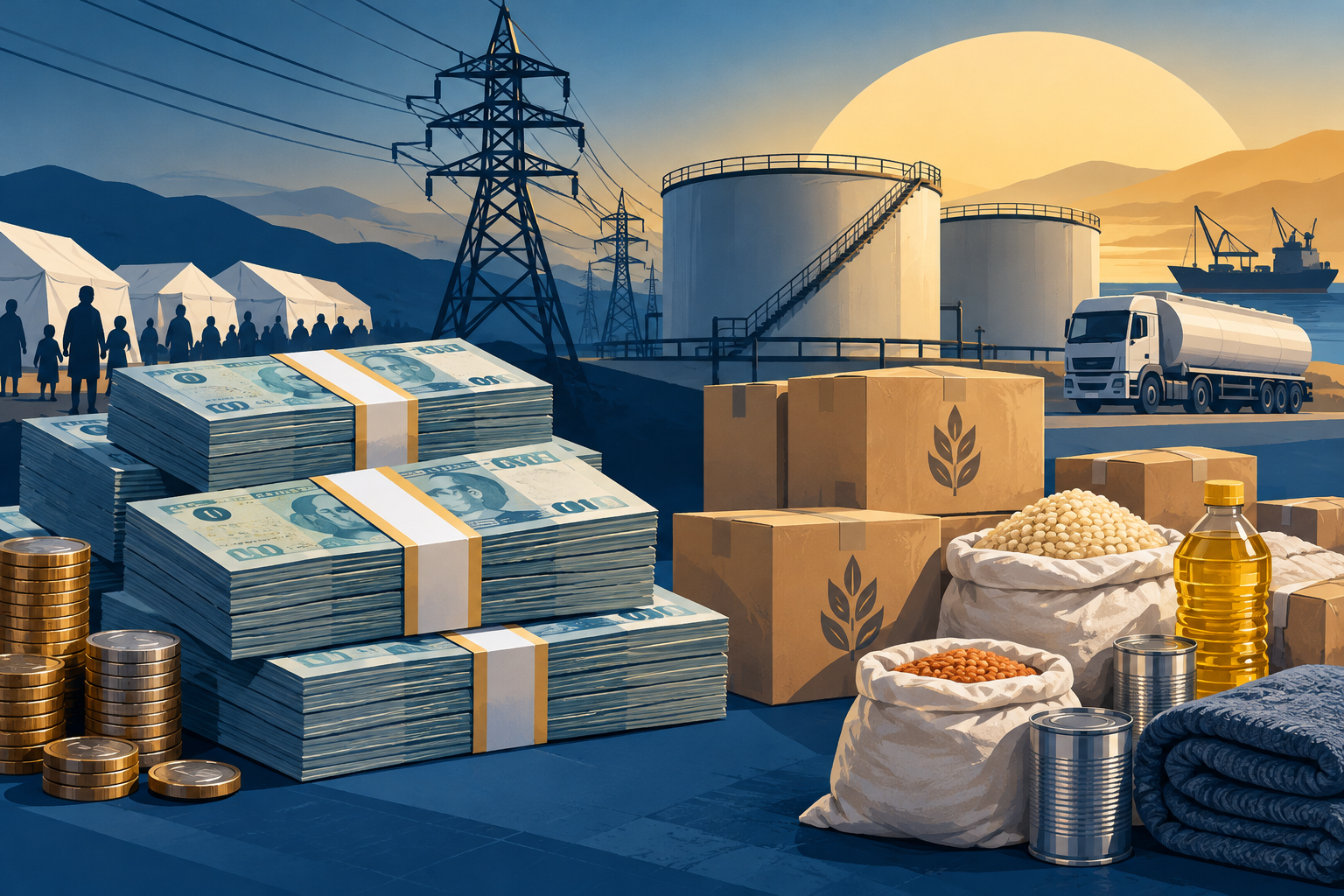 Conceptual illustration of Qatari aid to Gaza, including funding for food, fuel and electricity