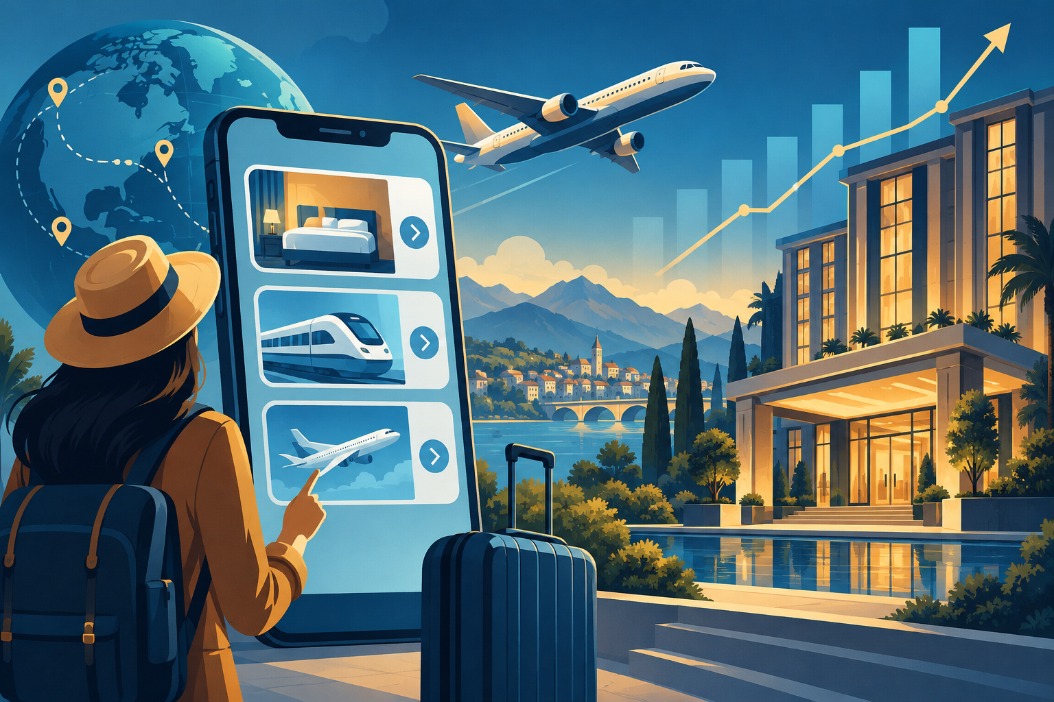 Editorial illustration of ixigo Q2 earnings with hotel and travel-booking motifs