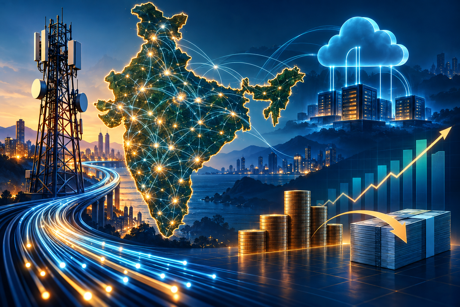 Editorial illustration of Jio IPO themes showing Indian telecom connectivity, cloud services and equity markets