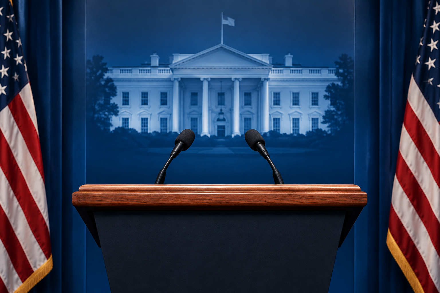 Editorial illustration of a press lectern and White House for the Katie Zacharia departure report