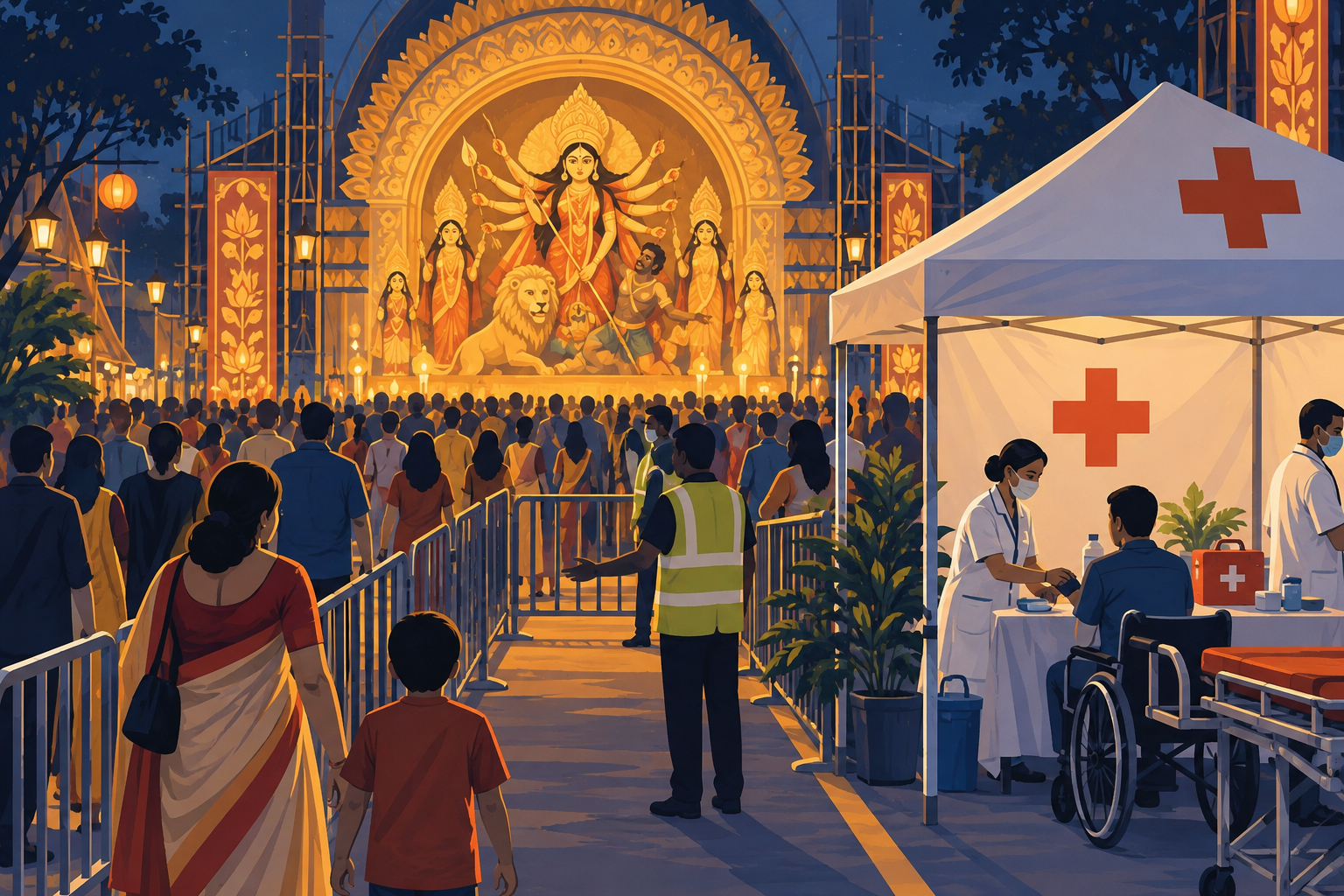 Conceptual illustration of crowd safety and medical assistance following the Kolkata stampede
