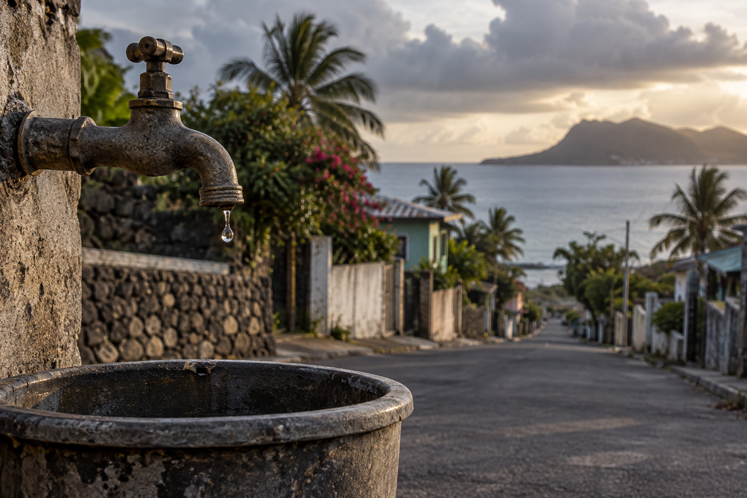 Editorial illustration of a dry water tap representing water shortages in Mauritius.