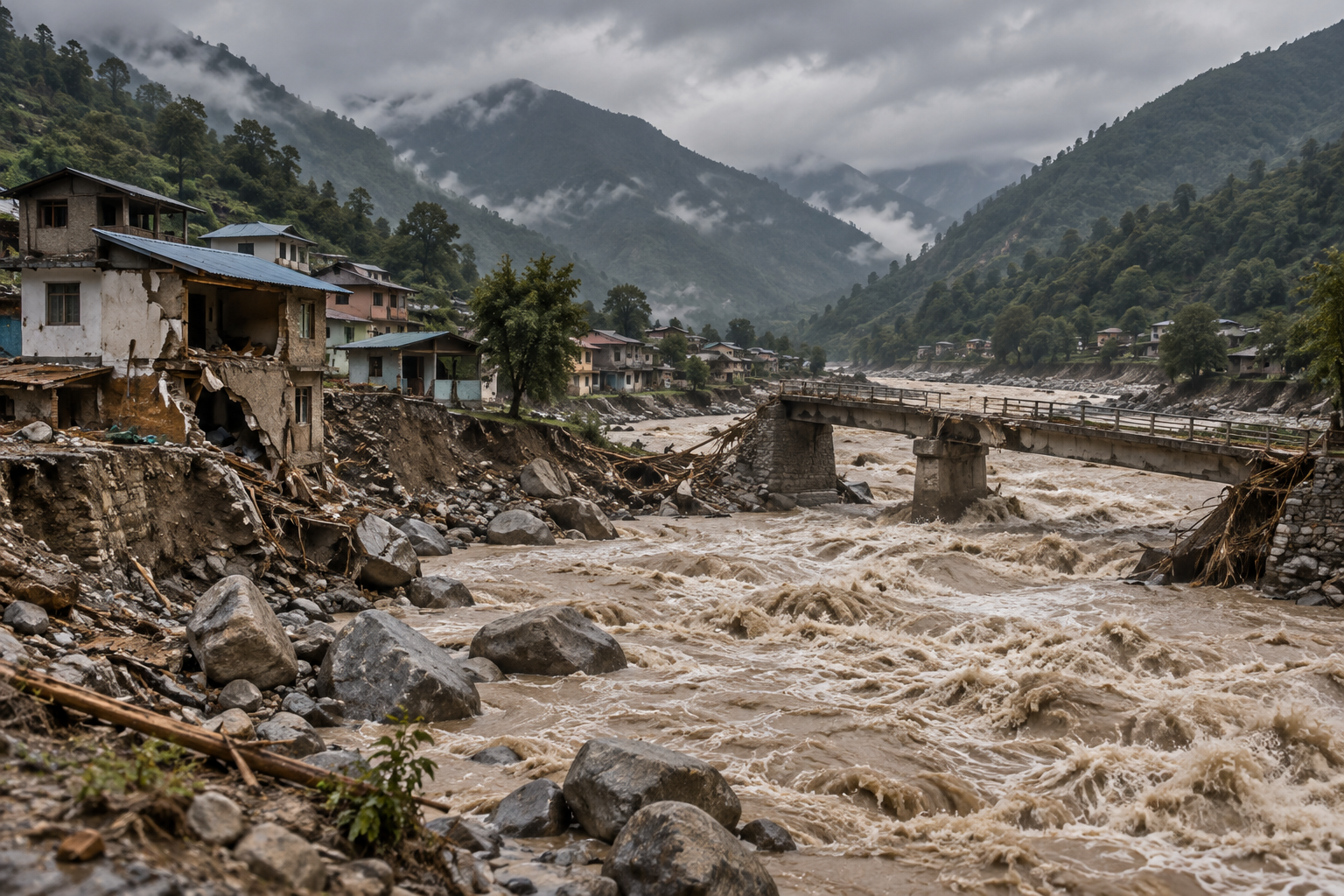 Editorial illustration of Nepal flash floods damaging riverside homes and a bridge in a mountain valley.
