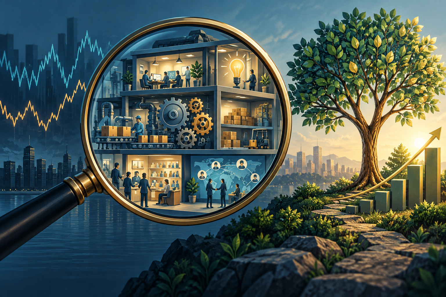 Editorial illustration of Nicholas Sleep’s investing lessons, linking business research with patient long-term ownership.