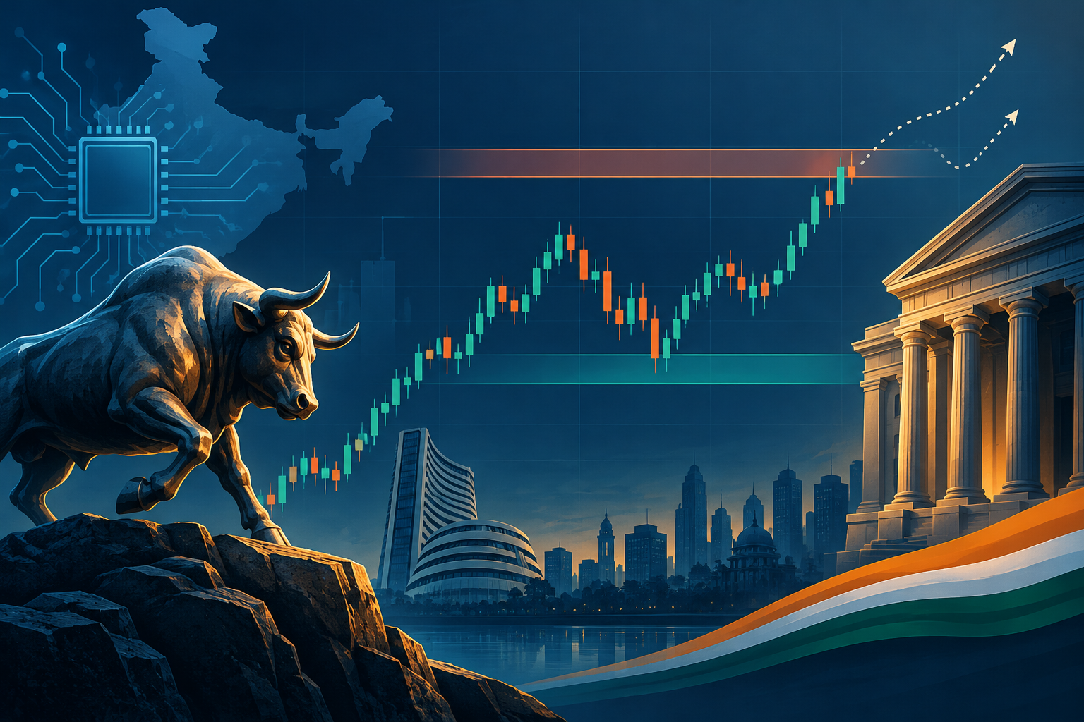 Conceptual Nifty chart showing support, resistance and a conditional recovery path with IT and banking motifs