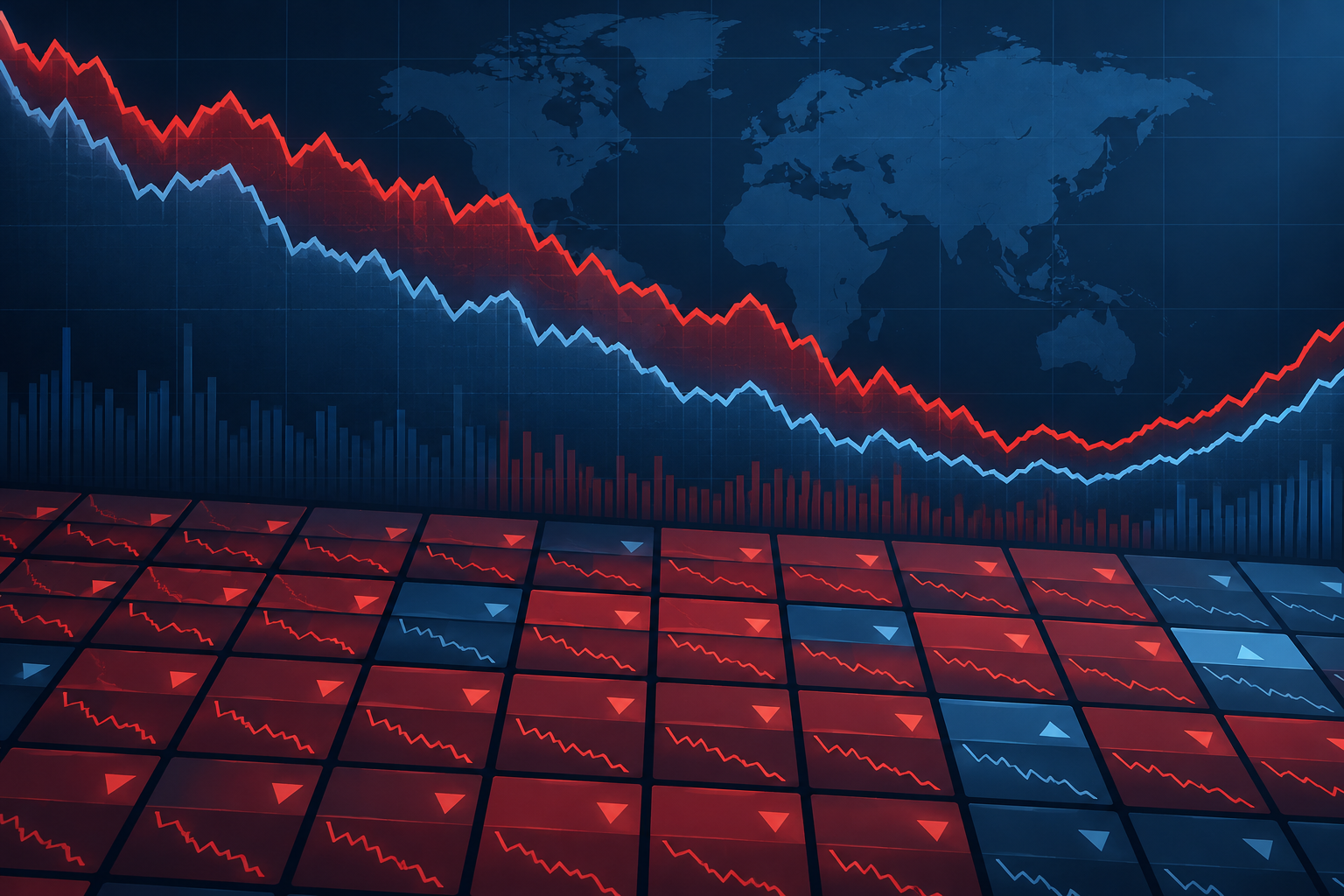 Editorial illustration of Nifty and Sensex declines with a partial late-session recovery