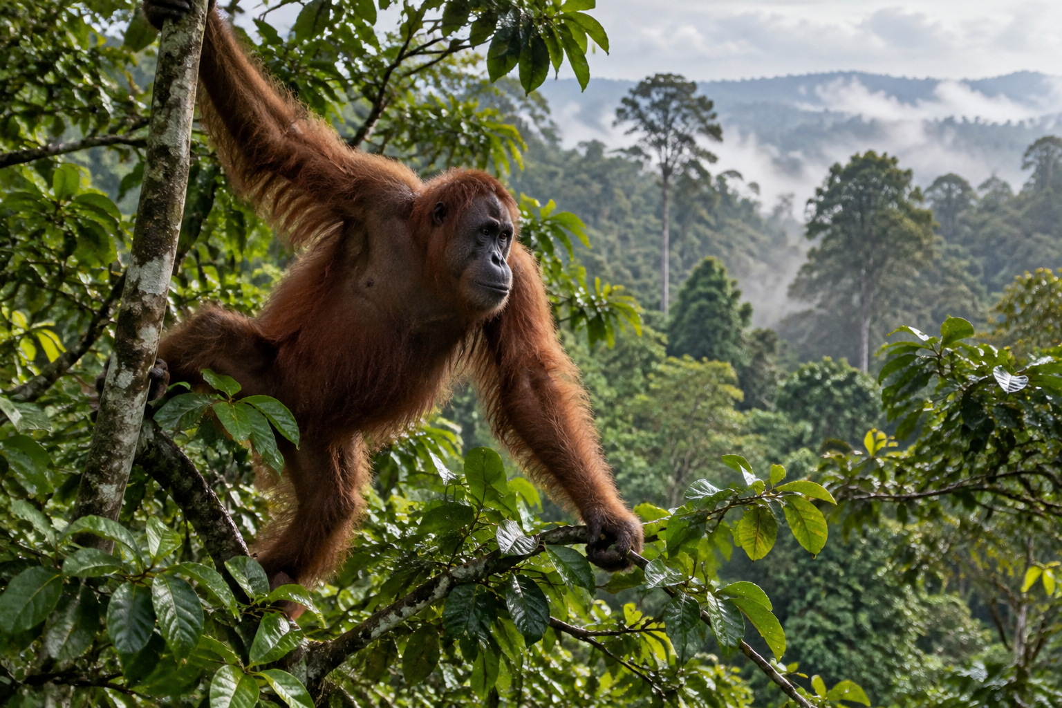 Illustration of an orangutan in Borneo forest canopy, showing the habitat central to the wildfire rescue story.