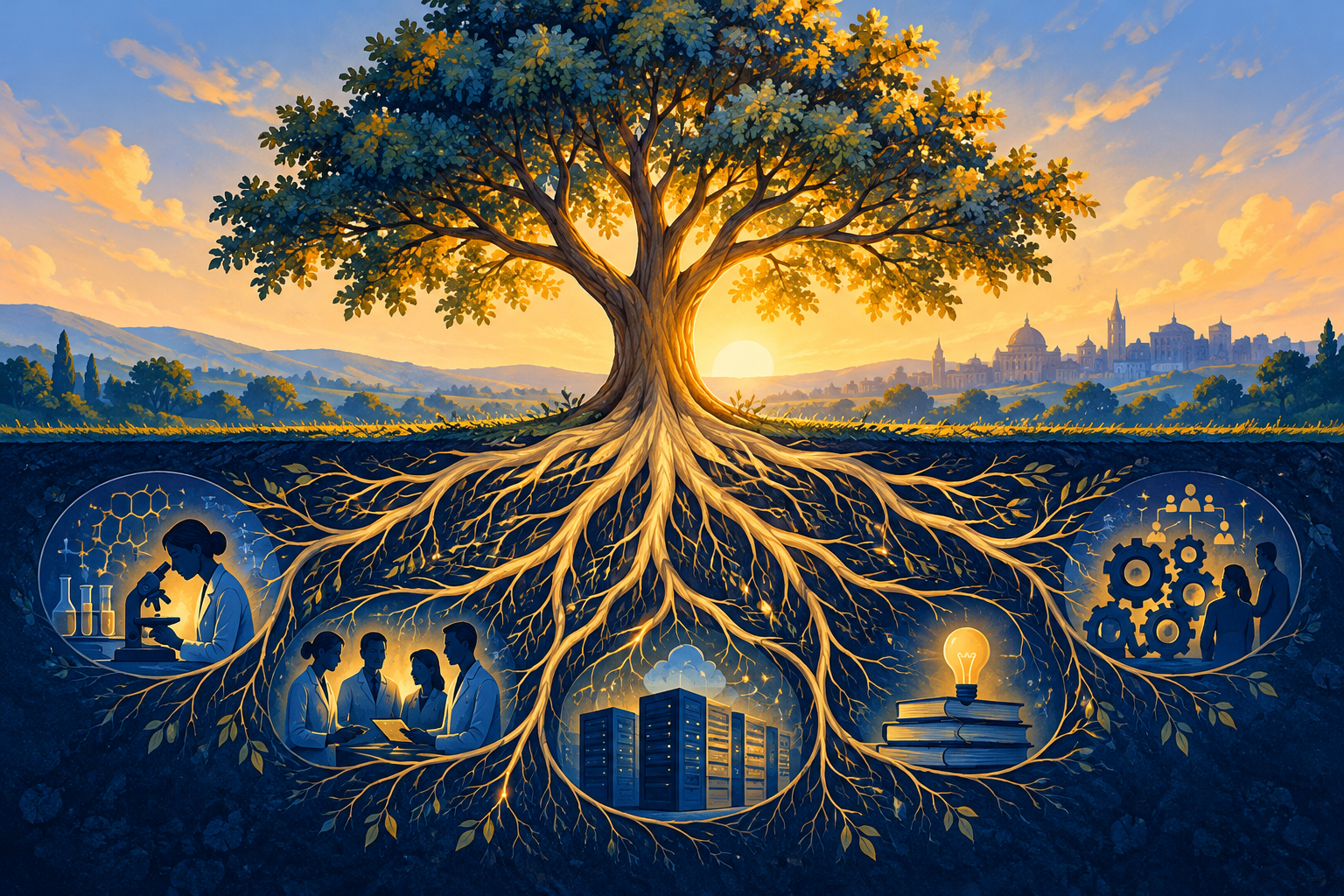 Conceptual illustration of philanthropy supporting research, teams and long-term institutional growth