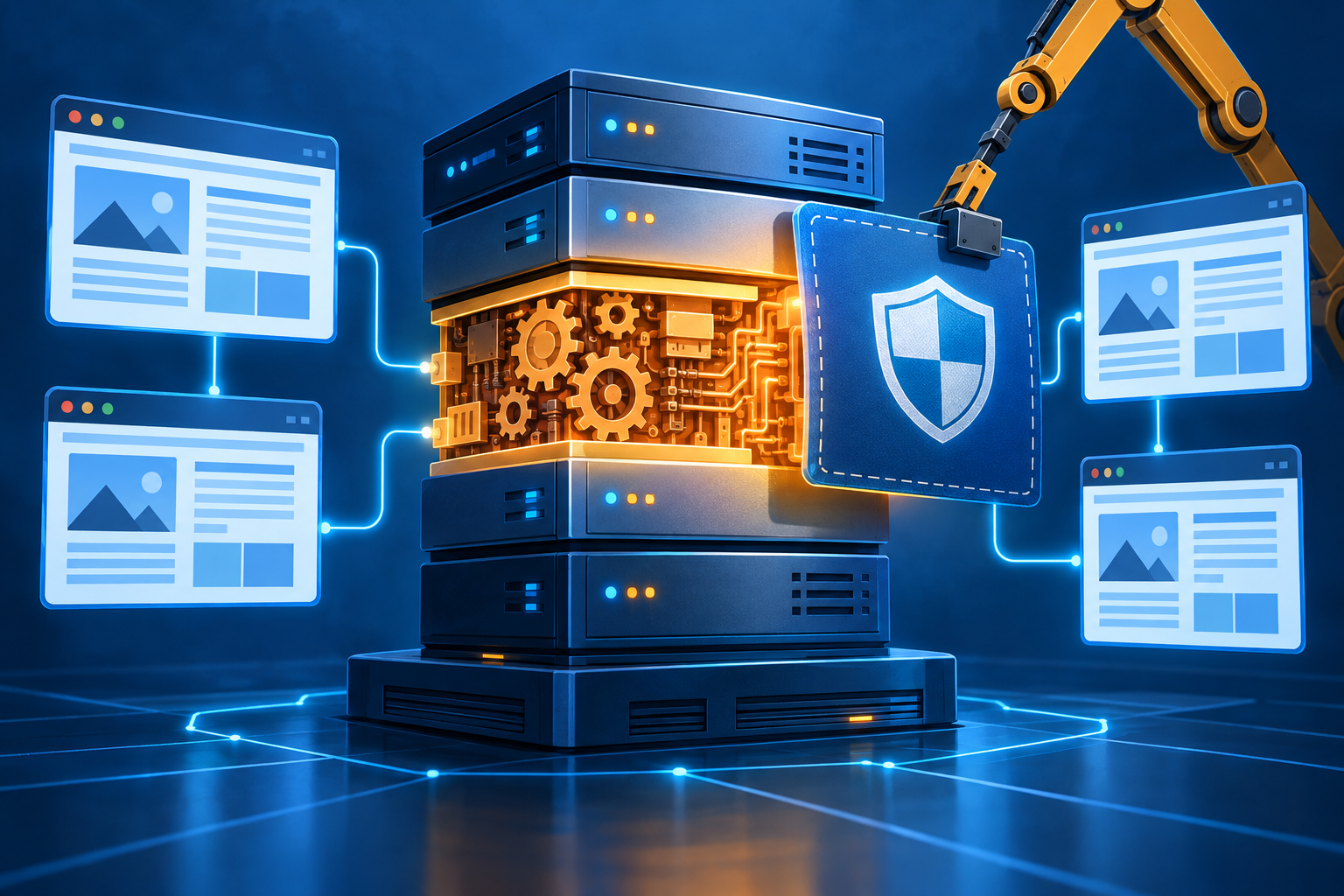 Editorial illustration of PHP security flaws and protective updates on web servers