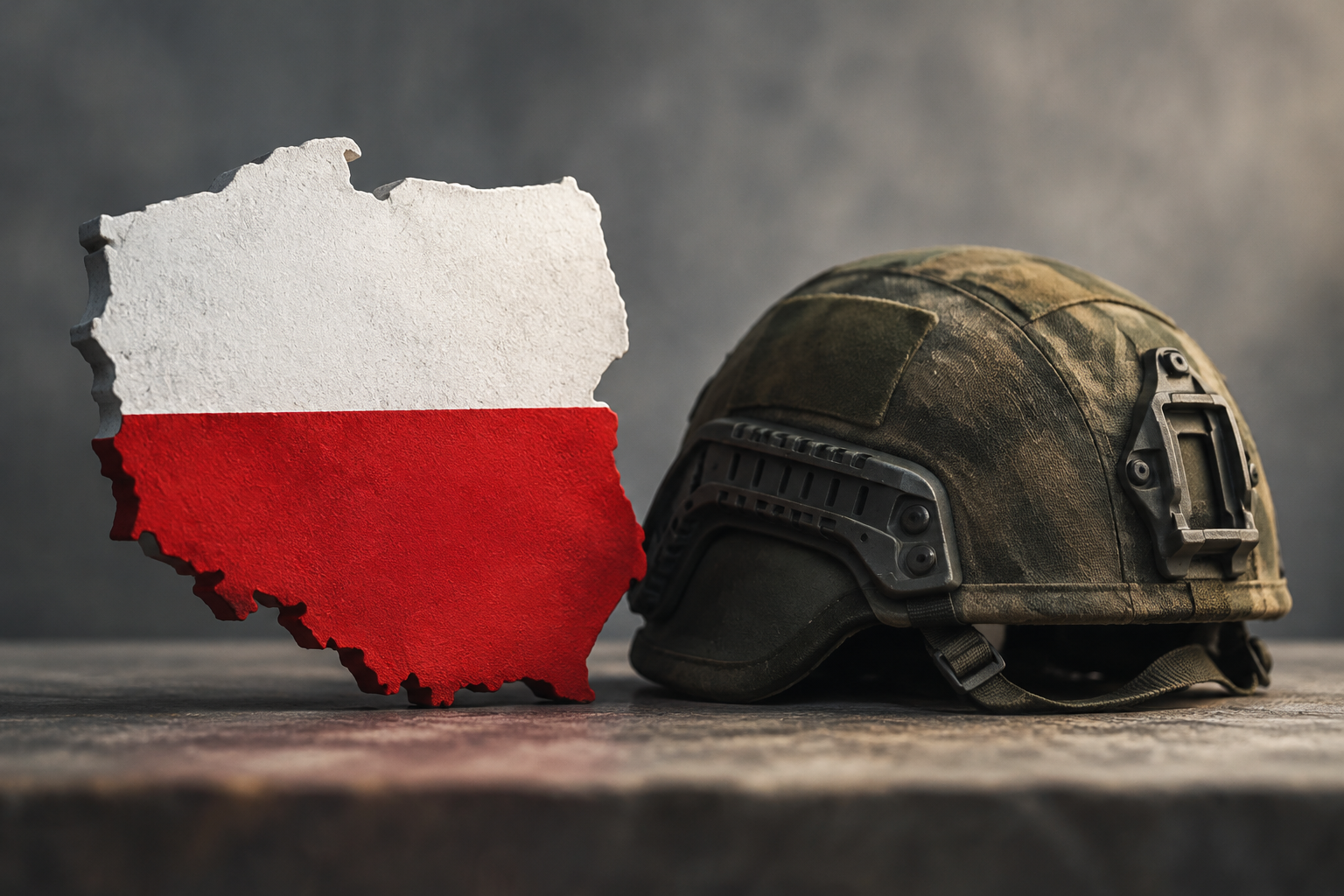 Conceptual illustration of Poland and a military helmet representing the conscription debate