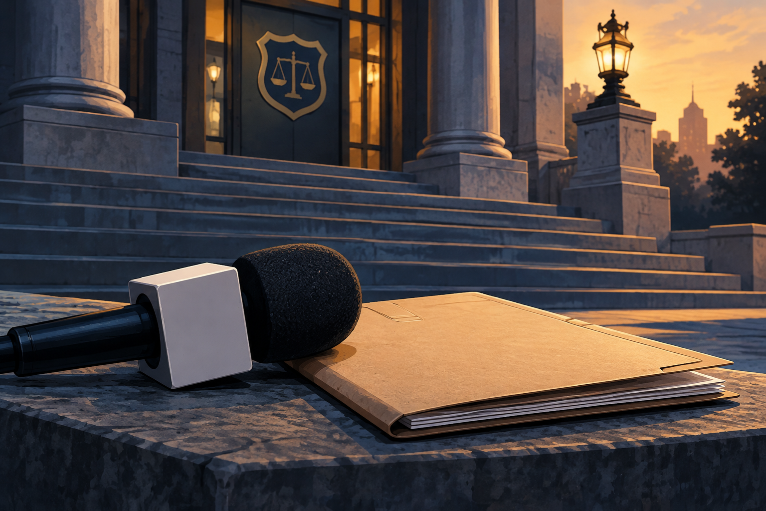 Conceptual illustration of a microphone and complaint folder for the Richa Parashar FIR request