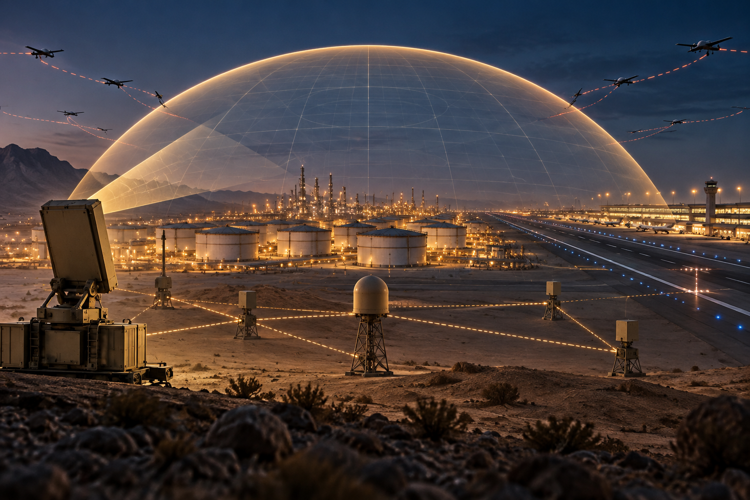 Conceptual illustration of Saudi air defence protecting oil facilities and an airport against low-flying drones