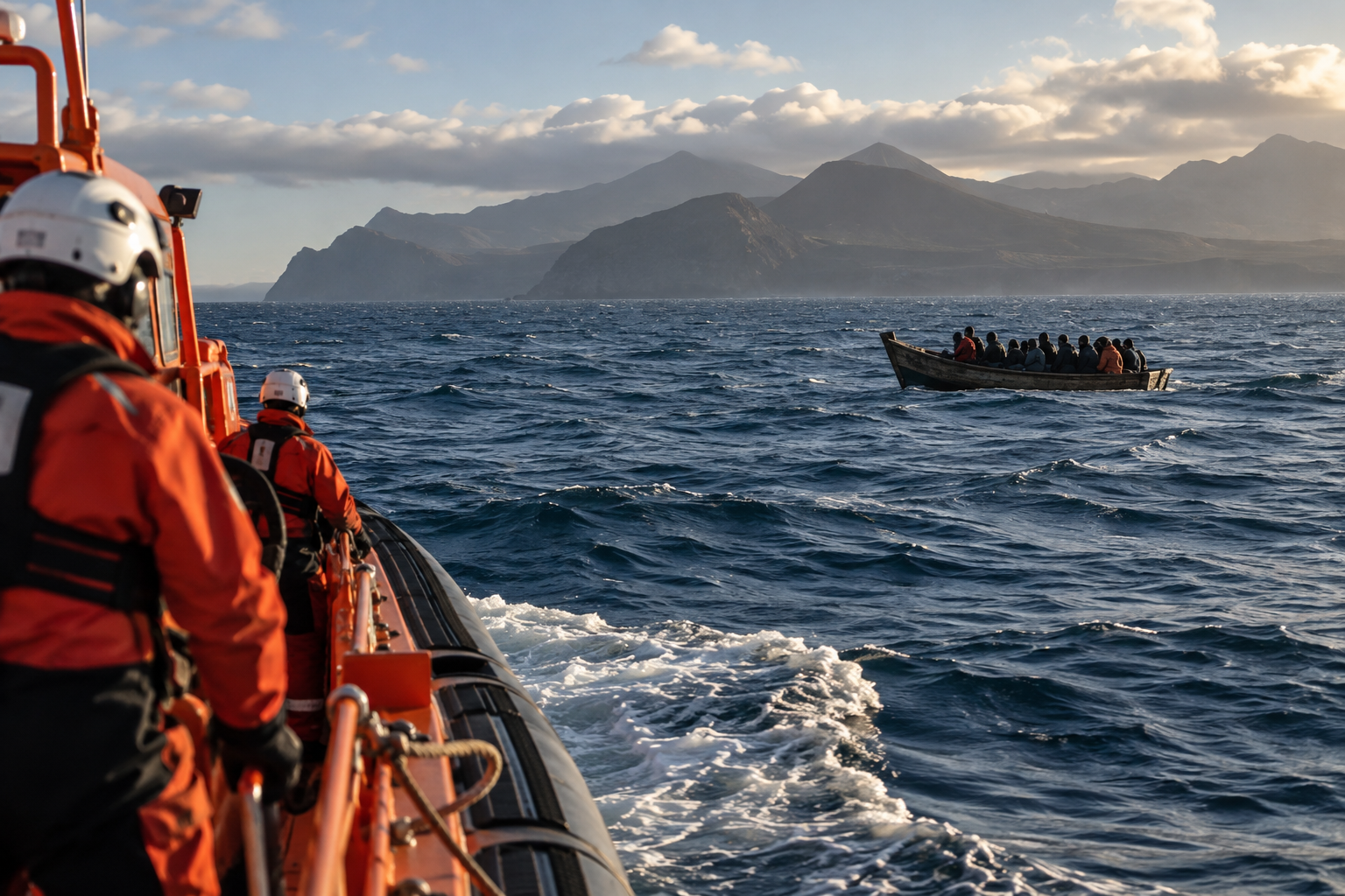 Editorial illustration of a migrant rescue at sea near the Canary Islands