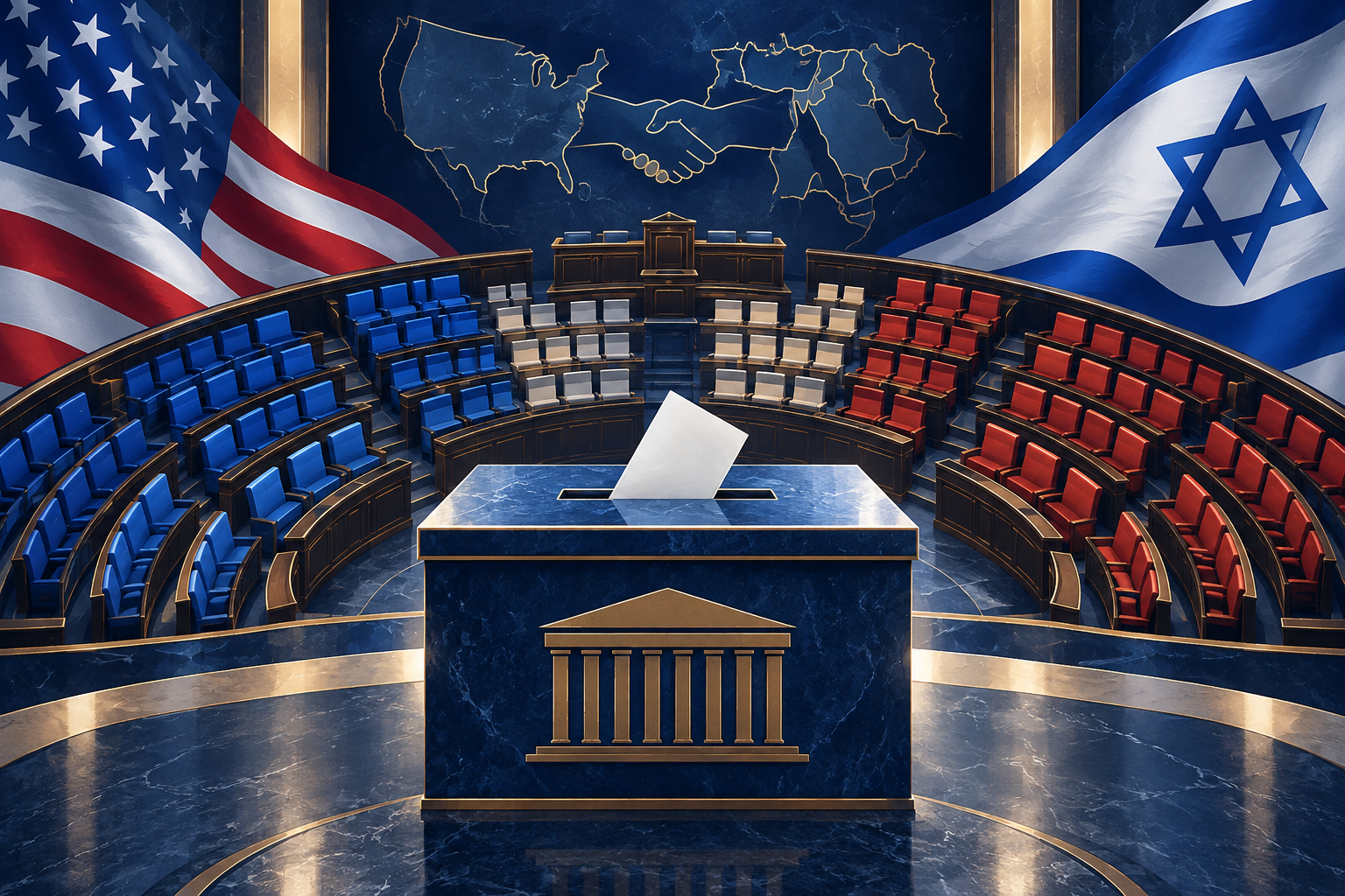 Editorial illustration linking Trump’s Netanyahu endorsement to Israel’s parliamentary election