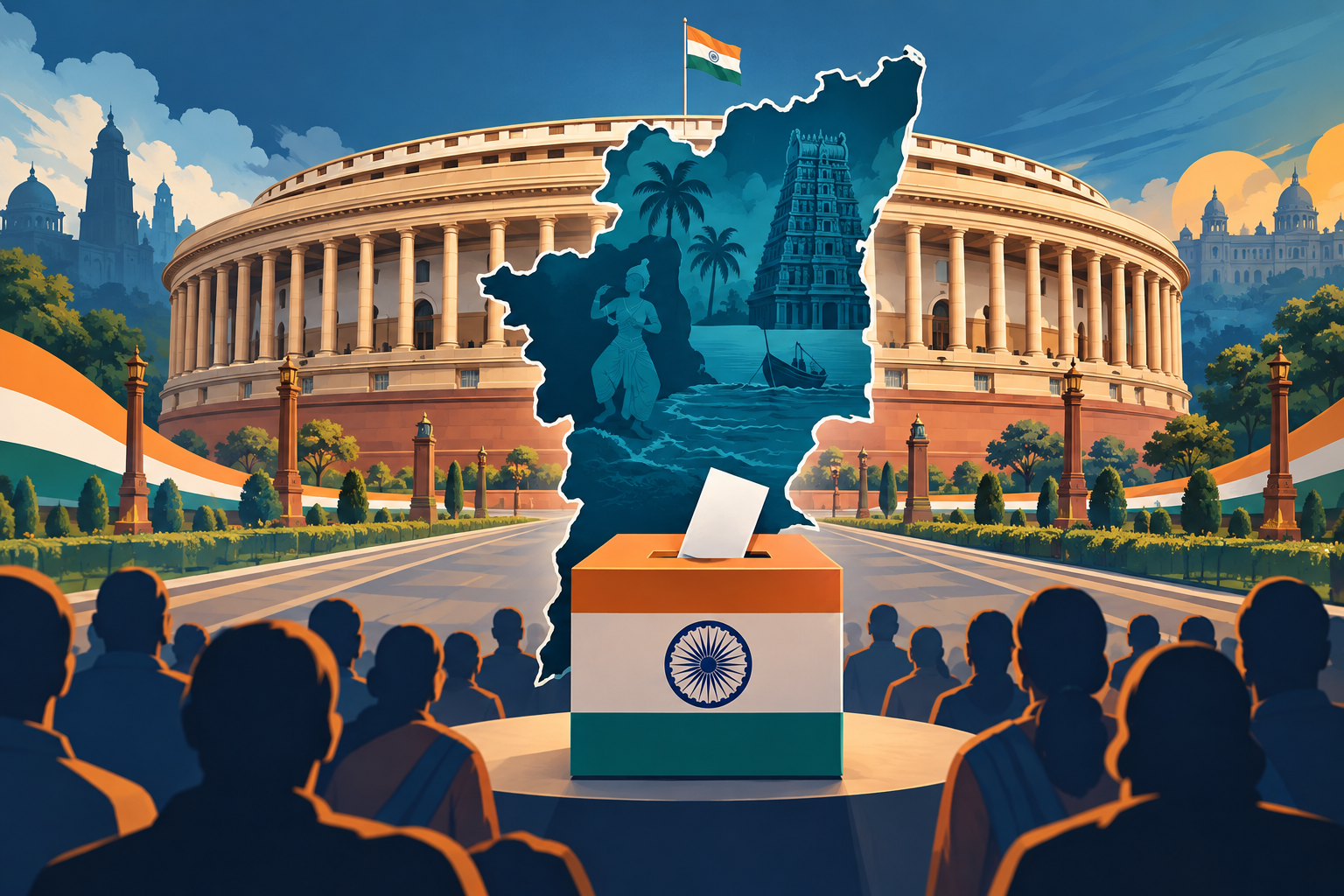 Editorial illustration linking TVK's Lok Sabha ambitions in Tamil Nadu to India's Parliament