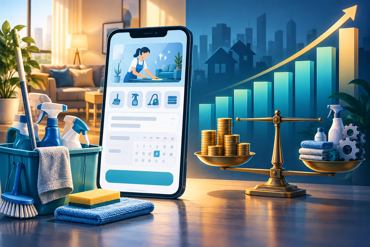 Editorial illustration of Urban Company’s home-services business and the balance between order growth and costs