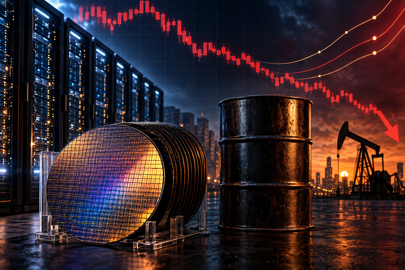 Editorial illustration of US stocks under pressure from AI financing risks and rising oil prices.